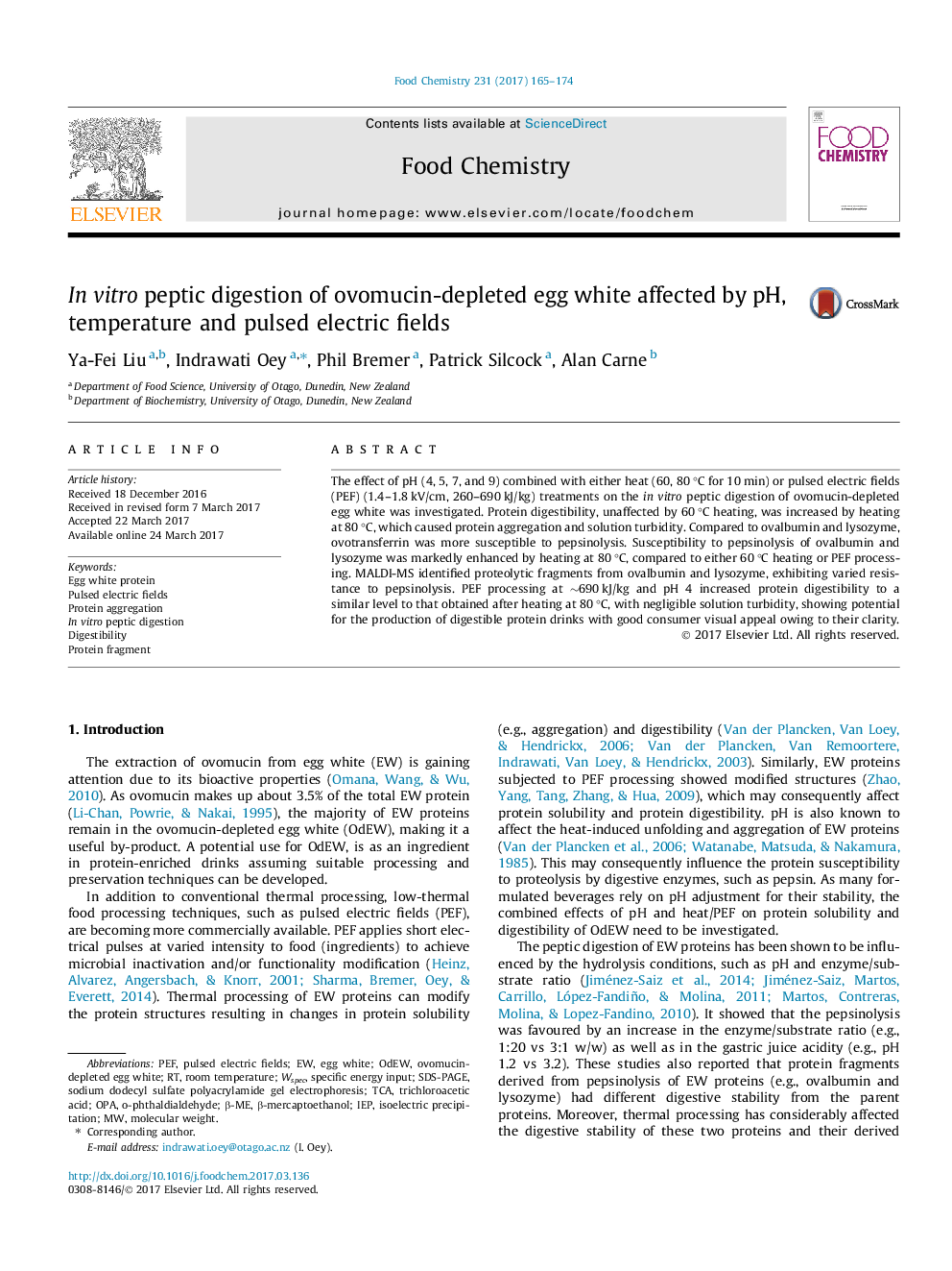 عکس صفحه اول مقاله: In vitro peptic digestion of ovomucin-depleted egg white affected by pH, temperature and pulsed electric fields In vitro peptic digestion of ovomucin-depleted egg white affected by pH, temperature and pulsed electric fields