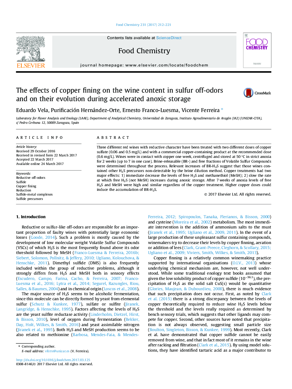 The effects of copper fining on the wine content in sulfur off-odors and on their evolution during accelerated anoxic storage