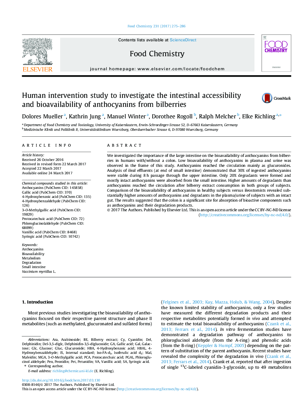 Human intervention study to investigate the intestinal accessibility and bioavailability of anthocyanins from bilberries