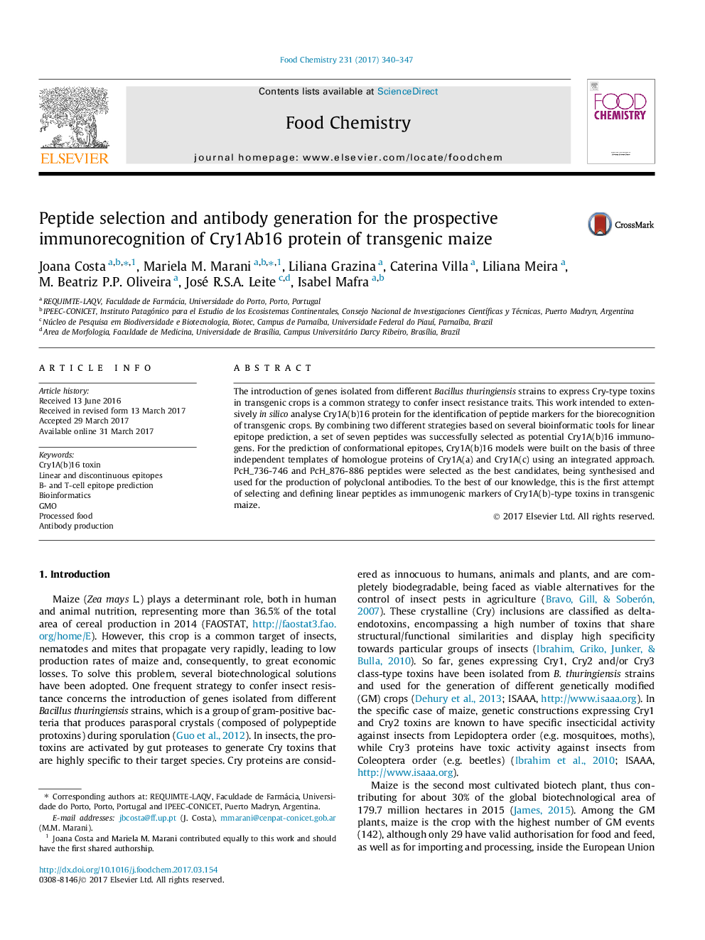 Peptide selection and antibody generation for the prospective immunorecognition of Cry1Ab16 protein of transgenic maize