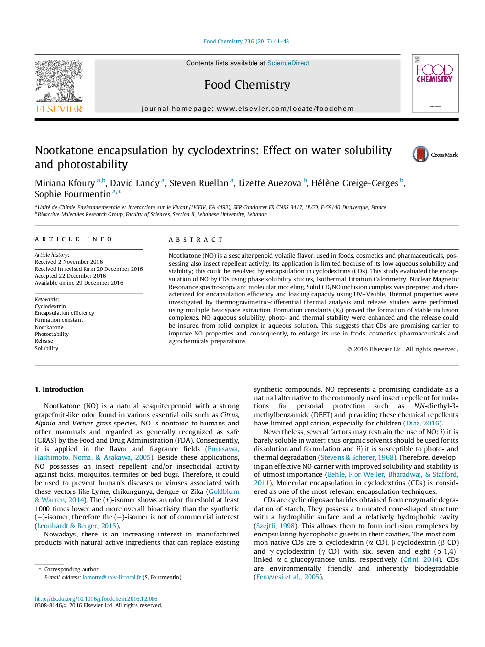 Nootkatone encapsulation by cyclodextrins: Effect on water solubility and photostability