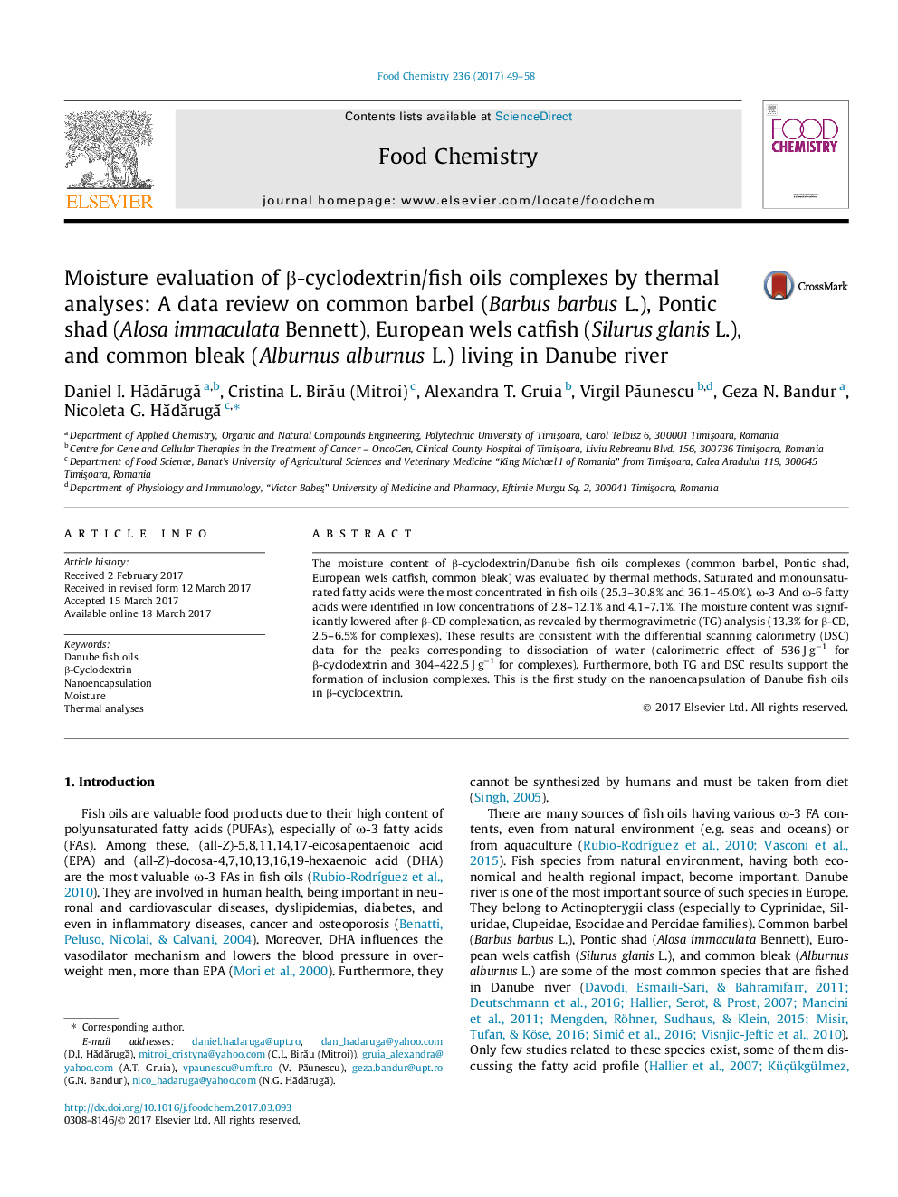 Moisture evaluation of Î²-cyclodextrin/fish oils complexes by thermal analyses: A data review on common barbel (Barbus barbus L.), Pontic shad (Alosa immaculata Bennett), European wels catfish (Silurus glanis L.), and common bleak (Alburnus alburnus L.) l