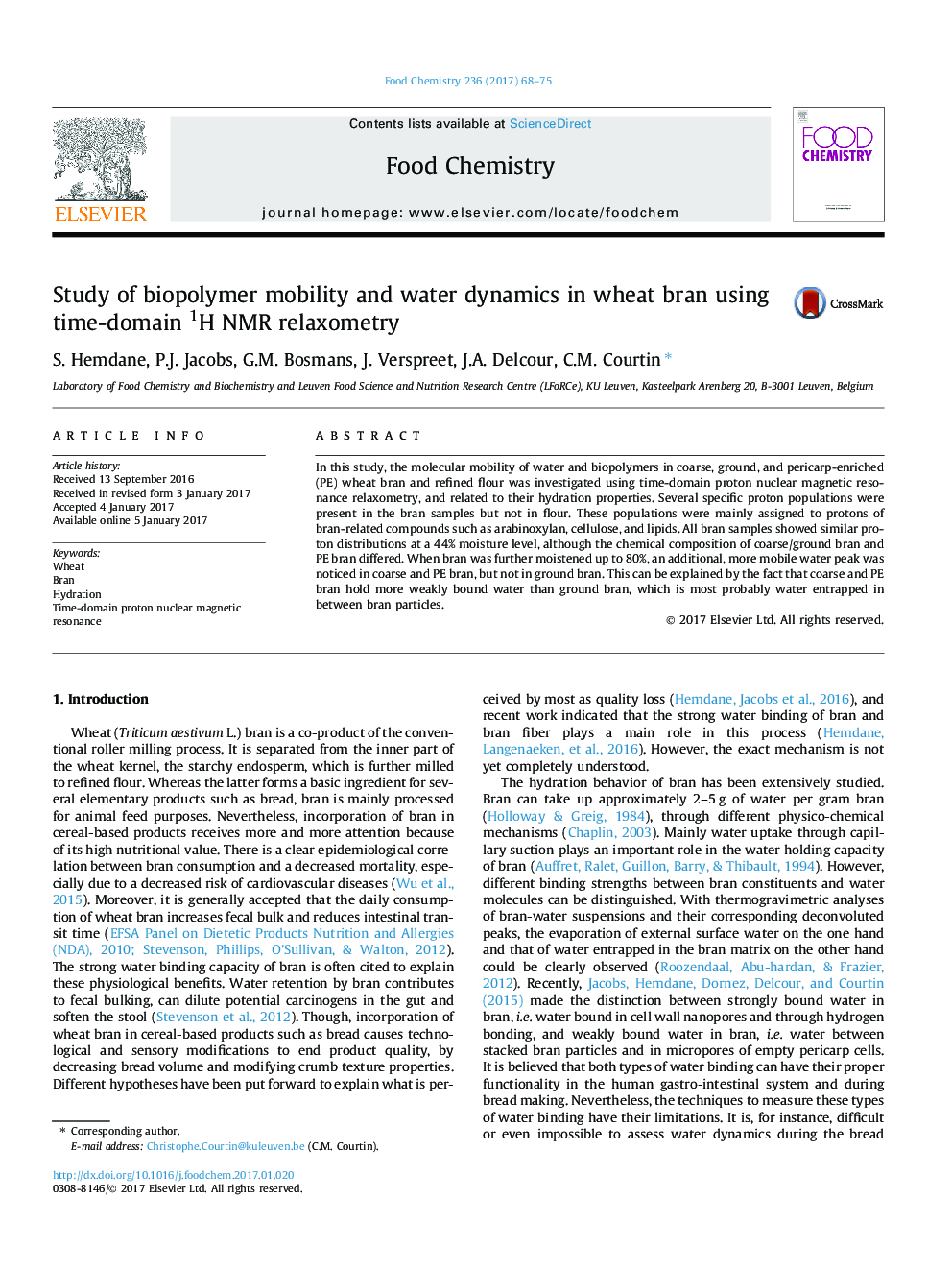 Study of biopolymer mobility and water dynamics in wheat bran using time-domain 1H NMR relaxometry