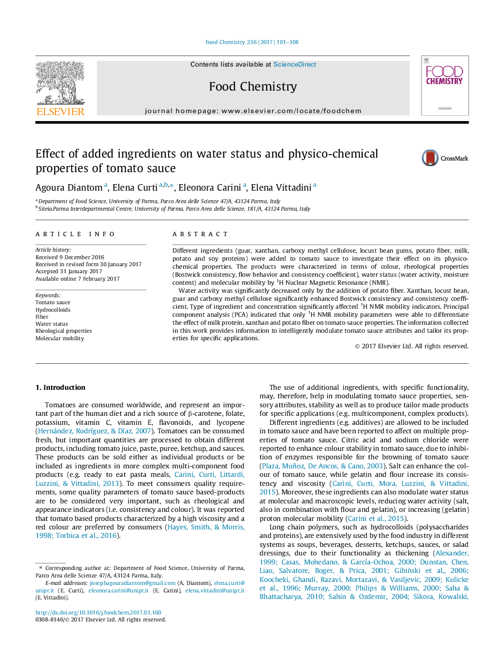 Effect of added ingredients on water status and physico-chemical properties of tomato sauce