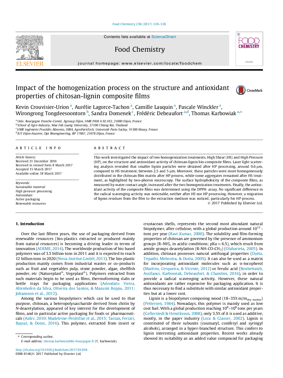 Impact of the homogenization process on the structure and antioxidant properties of chitosan-lignin composite films