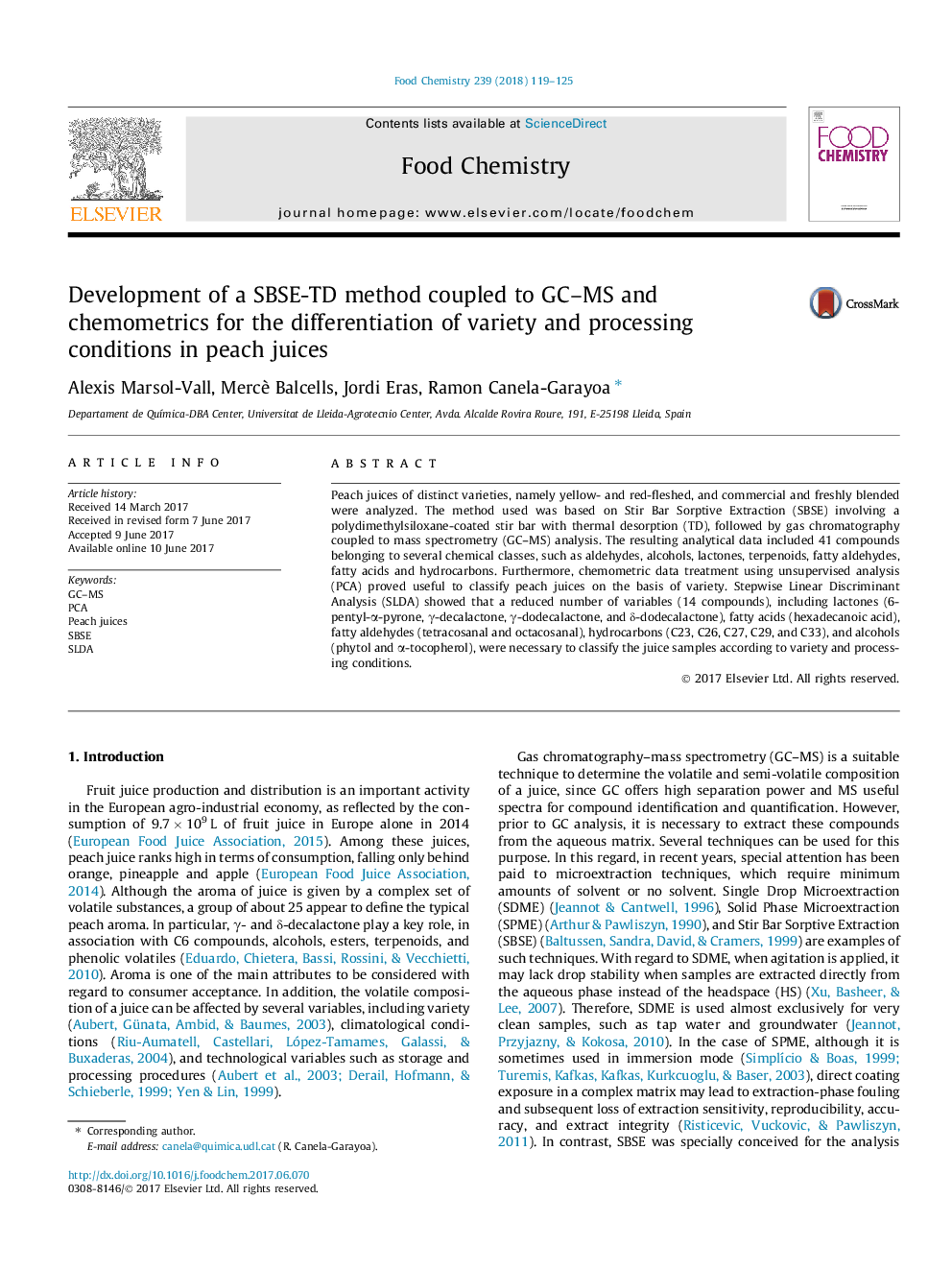 Development of a SBSE-TD method coupled to GC-MS and chemometrics for the differentiation of variety and processing conditions in peach juices