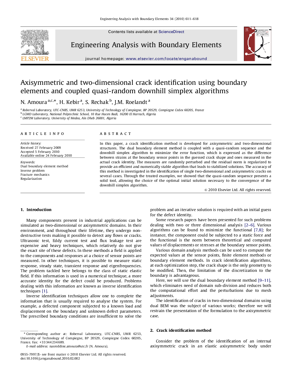 Axisymmetric and two-dimensional crack identification using boundary elements and coupled quasi-random downhill simplex algorithms