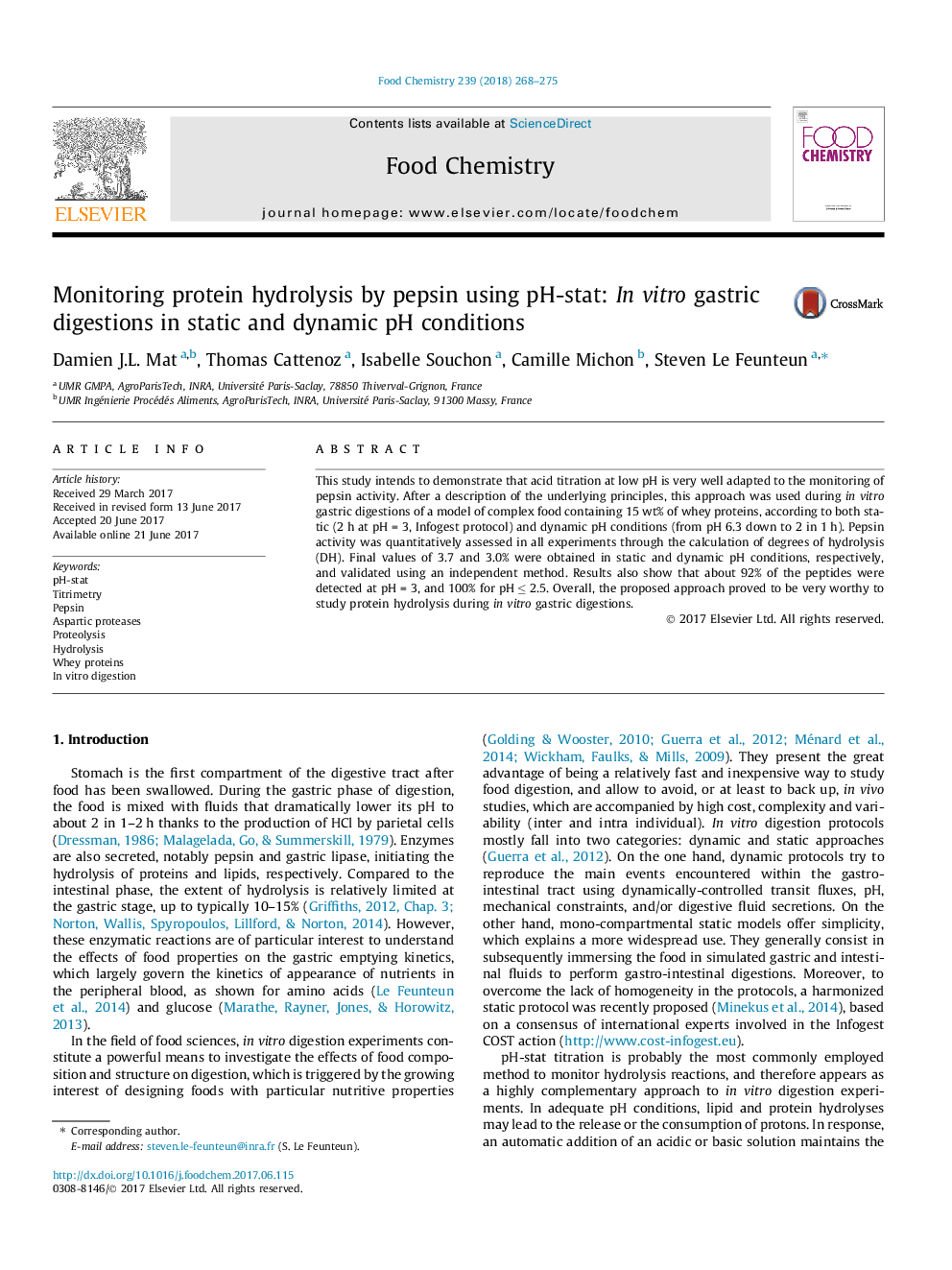 Monitoring protein hydrolysis by pepsin using pH-stat: In vitro gastric digestions in static and dynamic pH conditions