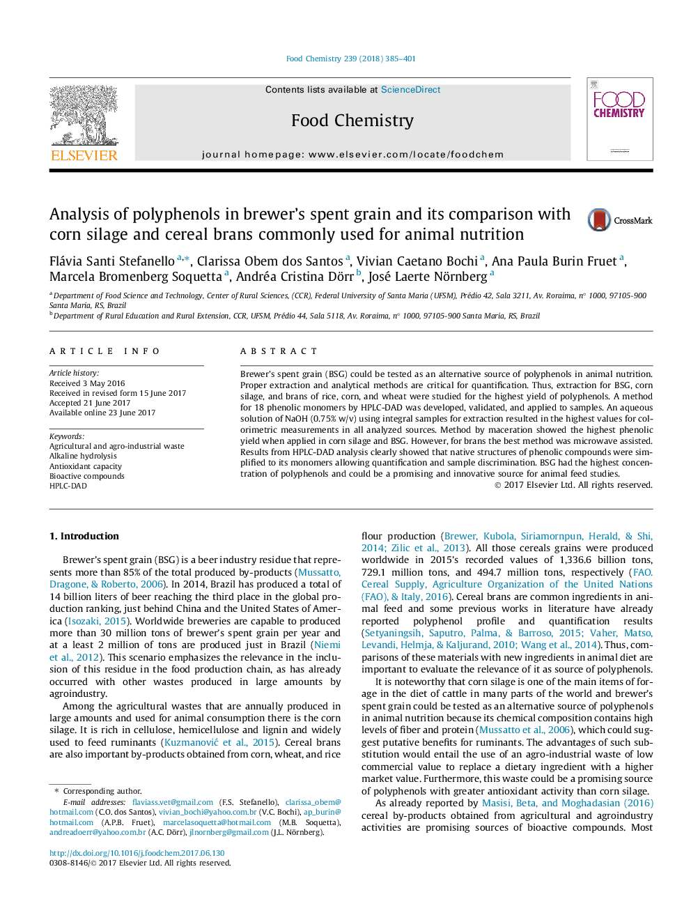 Analysis of polyphenols in brewer's spent grain and its comparison with corn silage and cereal brans commonly used for animal nutrition