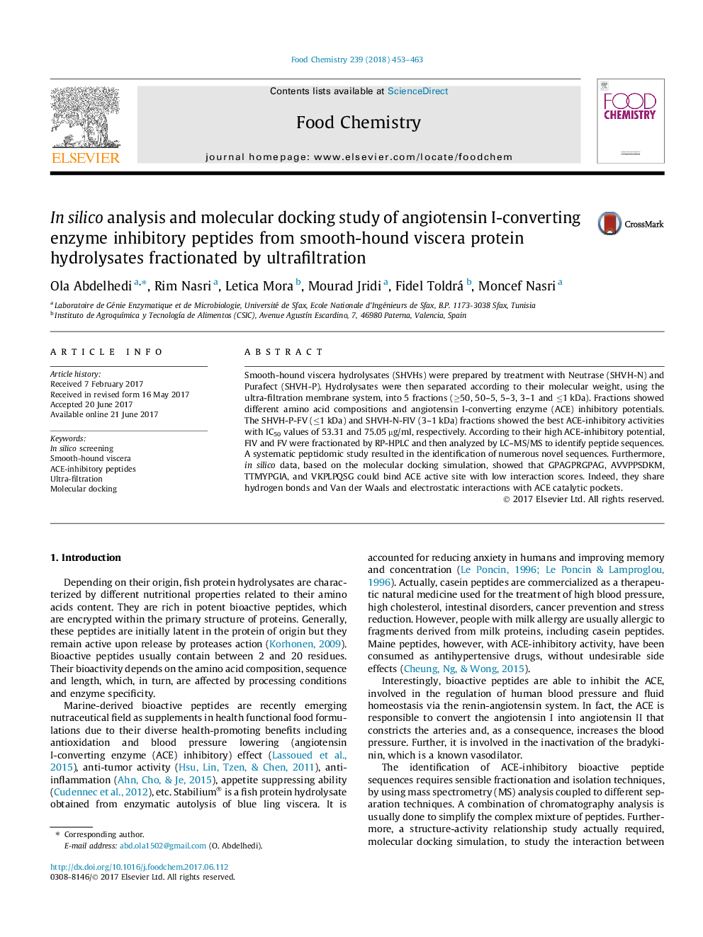 In silico analysis and molecular docking study of angiotensin I-converting enzyme inhibitory peptides from smooth-hound viscera protein hydrolysates fractionated by ultrafiltration