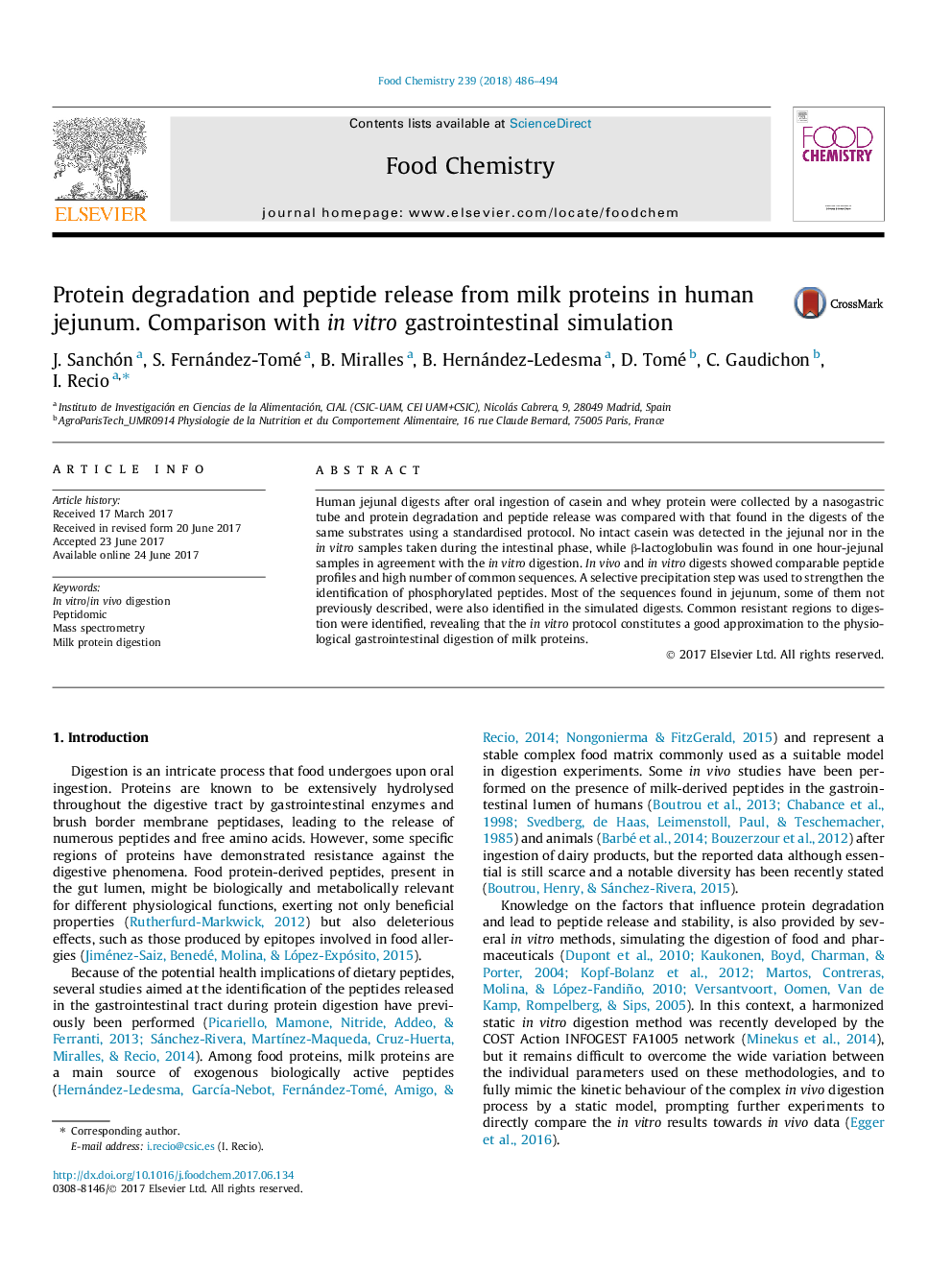 Protein degradation and peptide release from milk proteins in human jejunum. Comparison with in vitro gastrointestinal simulation