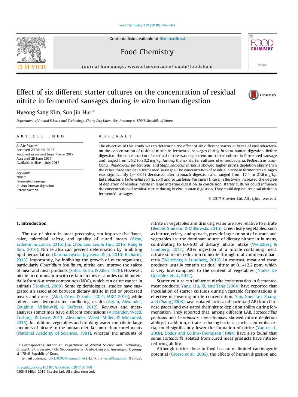 Effect of six different starter cultures on the concentration of residual nitrite in fermented sausages during in vitro human digestion