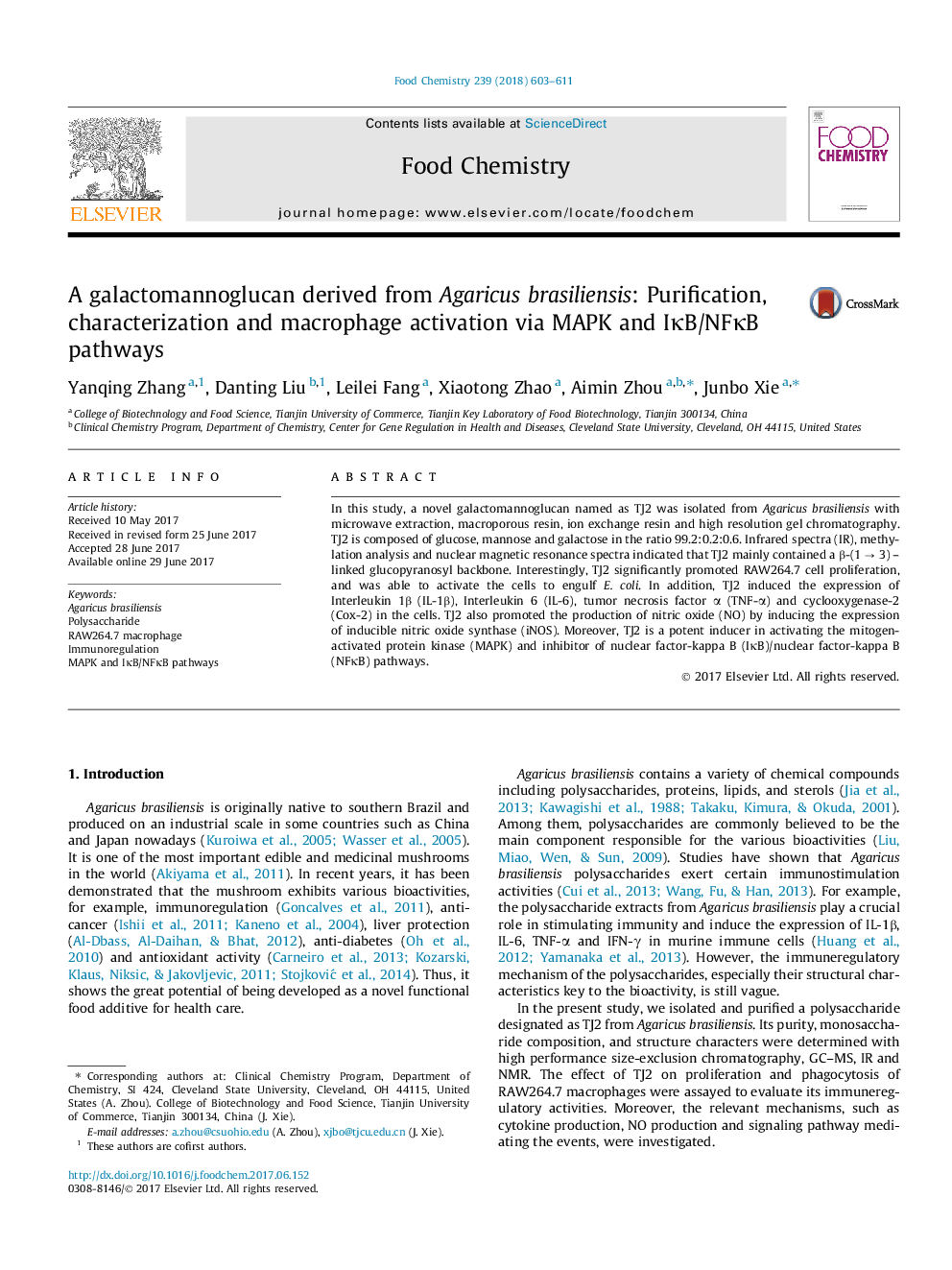 A galactomannoglucan derived from Agaricus brasiliensis: Purification, characterization and macrophage activation via MAPK and IÎºB/NFÎºB pathways