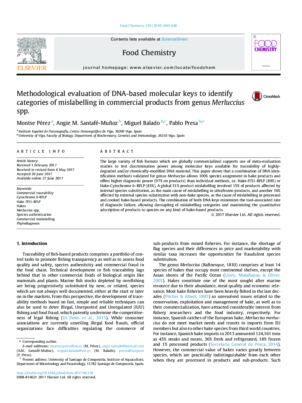 Methodological evaluation of DNA-based molecular keys to identify categories of mislabelling in commercial products from genus Merluccius spp.