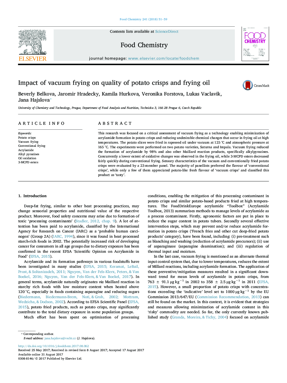 Impact of vacuum frying on quality of potato crisps and frying oil