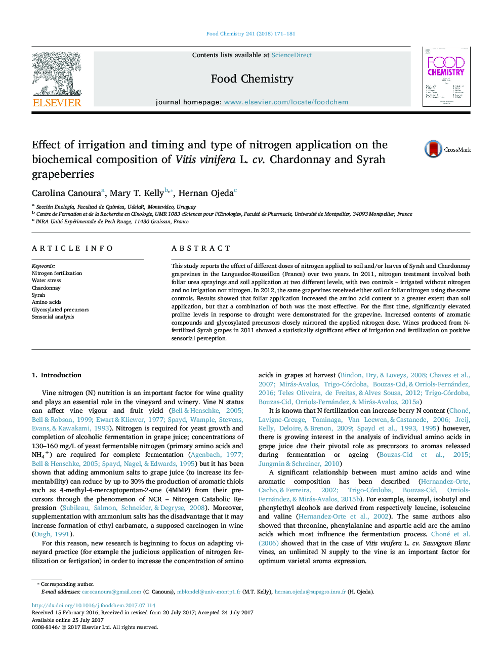 Effect of irrigation and timing and type of nitrogen application on the biochemical composition of Vitis vinifera L. cv. Chardonnay and Syrah grapeberries