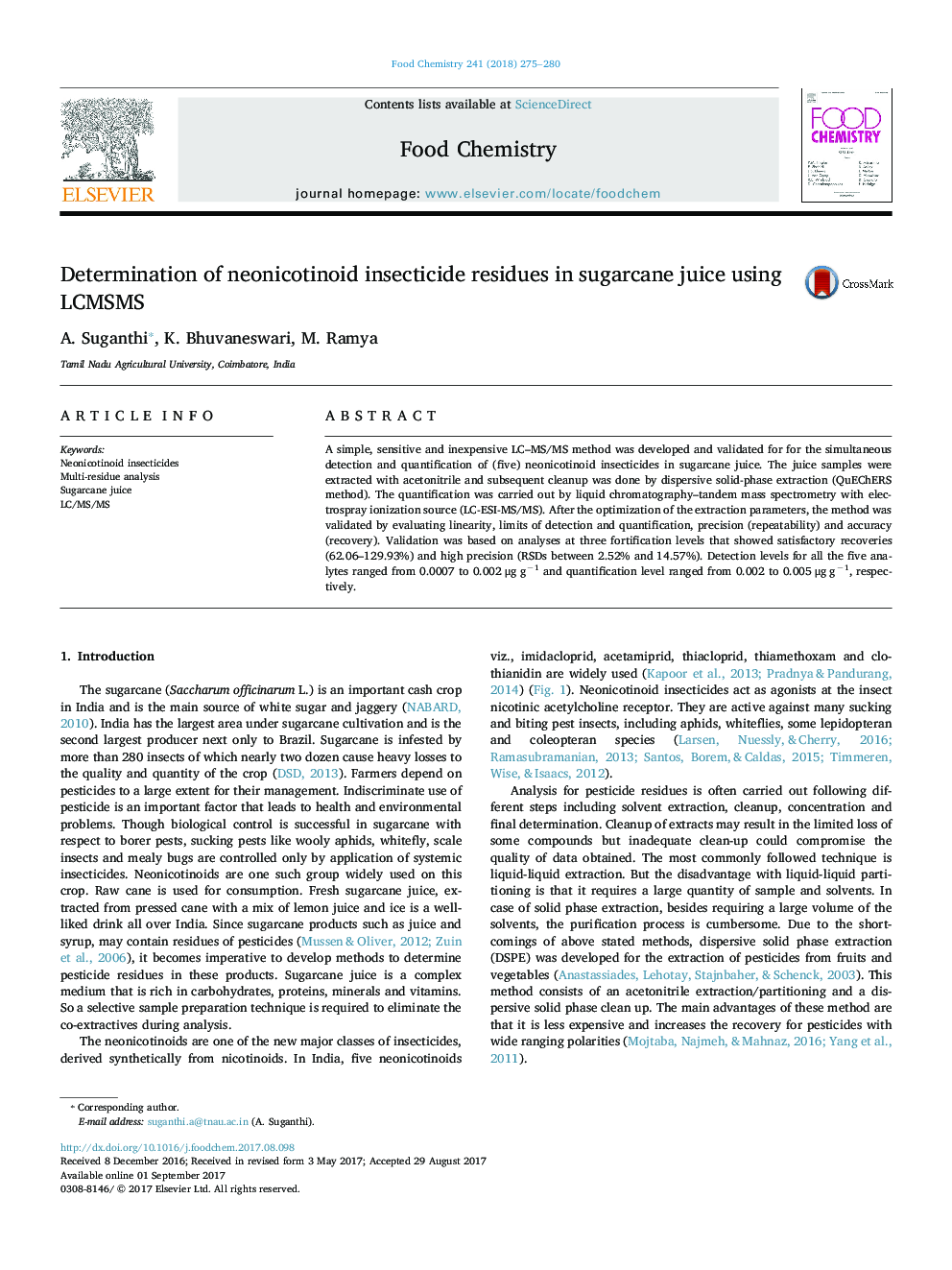 Determination of neonicotinoid insecticide residues in sugarcane juice using LCMSMS