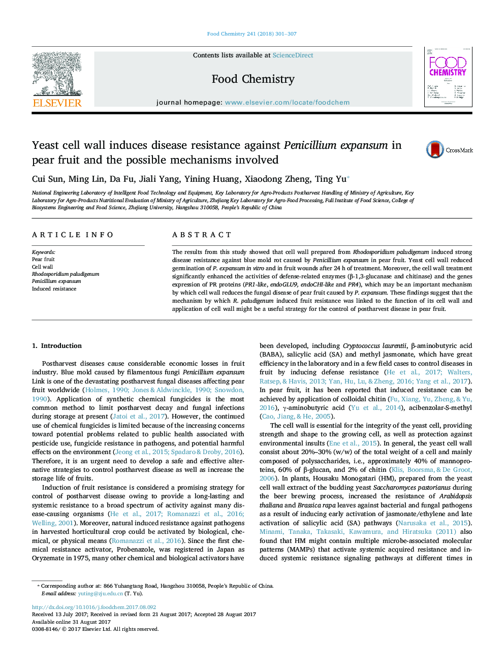 Yeast cell wall induces disease resistance against Penicillium expansum in pear fruit and the possible mechanisms involved