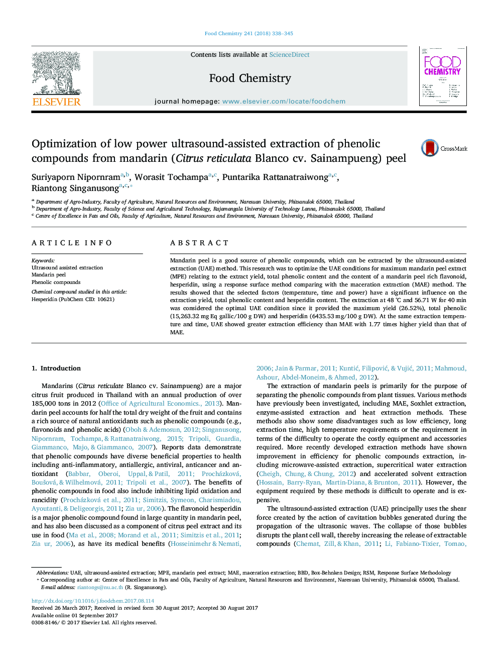 Optimization of low power ultrasound-assisted extraction of phenolic compounds from mandarin (Citrus reticulata Blanco cv. Sainampueng) peel