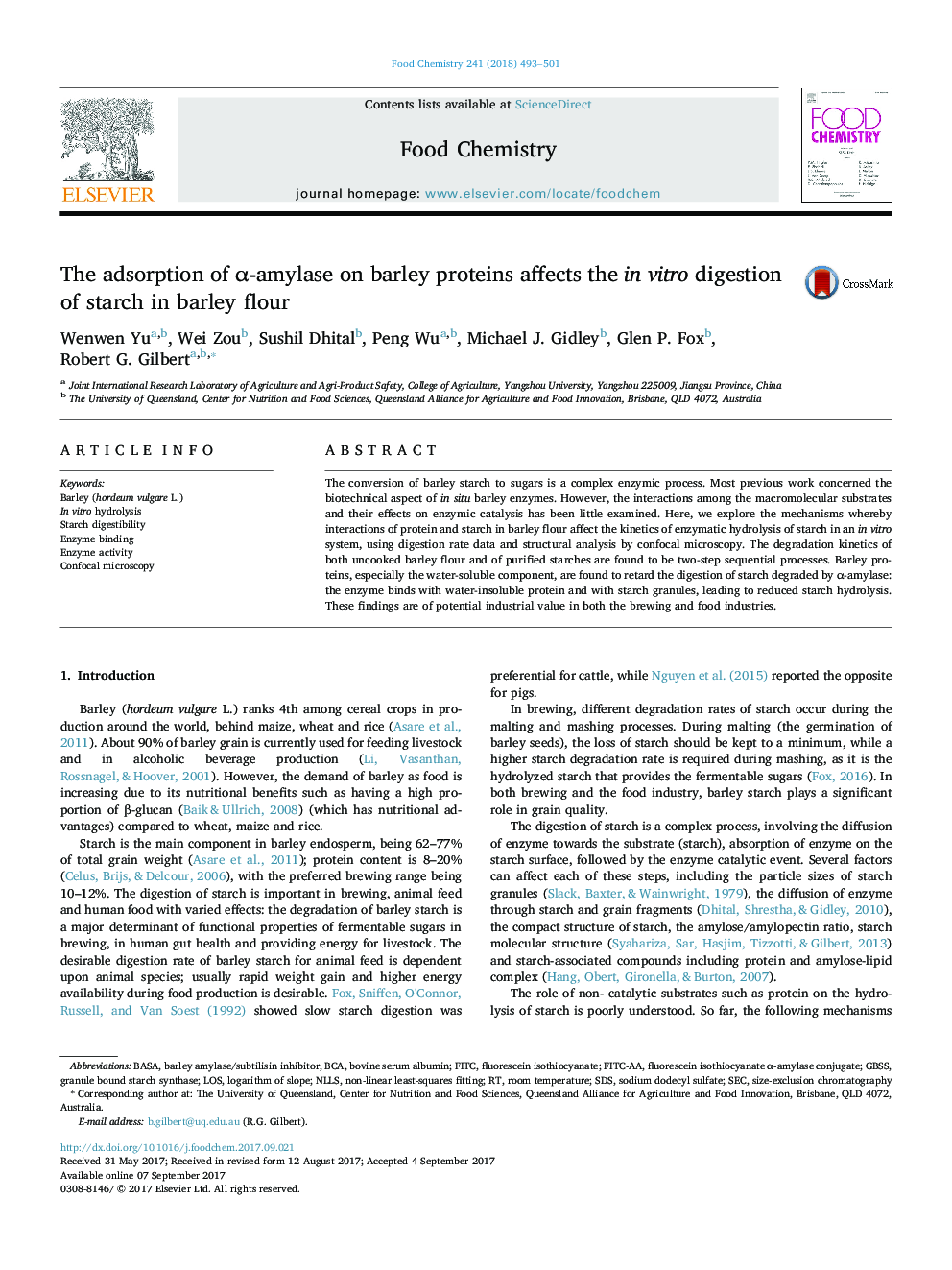 The adsorption of Î±-amylase on barley proteins affects the in vitro digestion of starch in barley flour