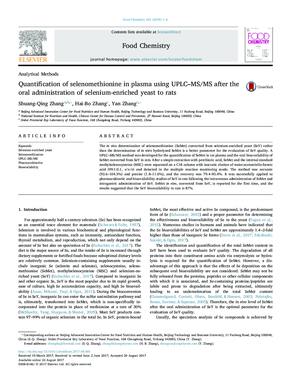 Quantification of selenomethionine in plasma using UPLC-MS/MS after the oral administration of selenium-enriched yeast to rats