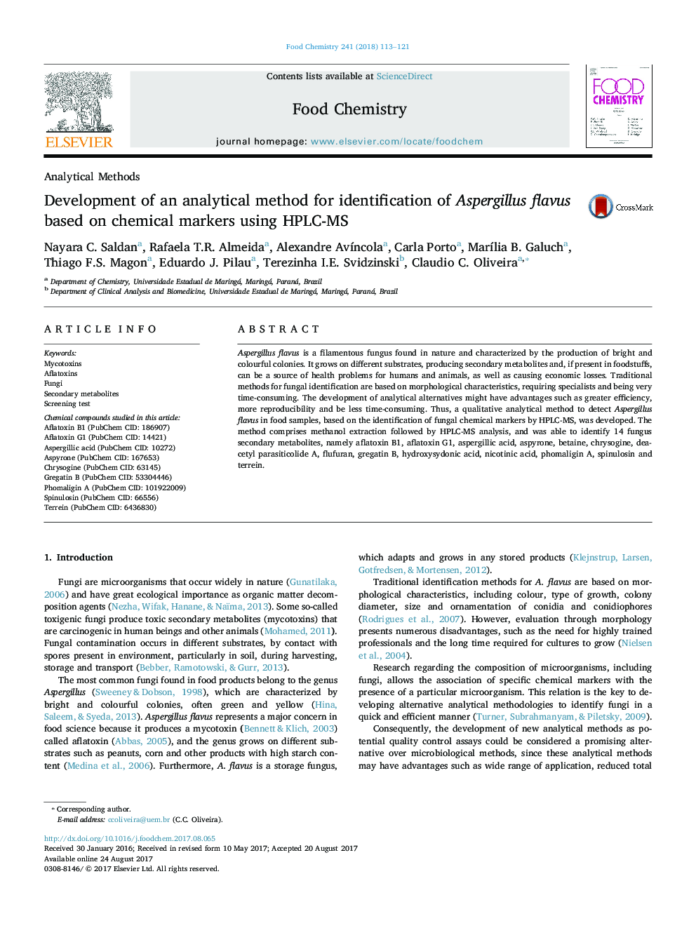 Development of an analytical method for identification of Aspergillus flavus based on chemical markers using HPLC-MS