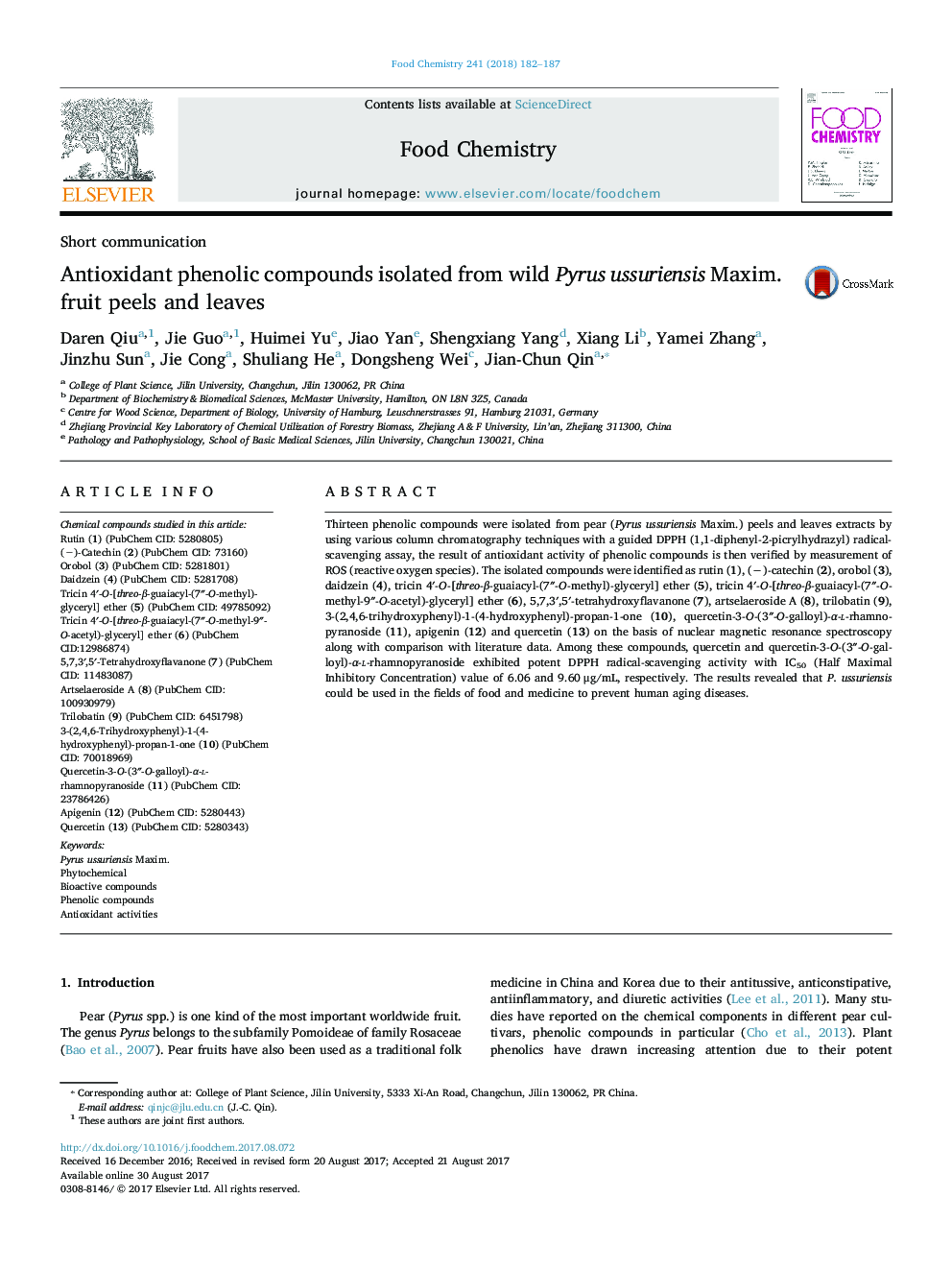 Short communicationAntioxidant phenolic compounds isolated from wild Pyrus ussuriensis Maxim. fruit peels and leaves