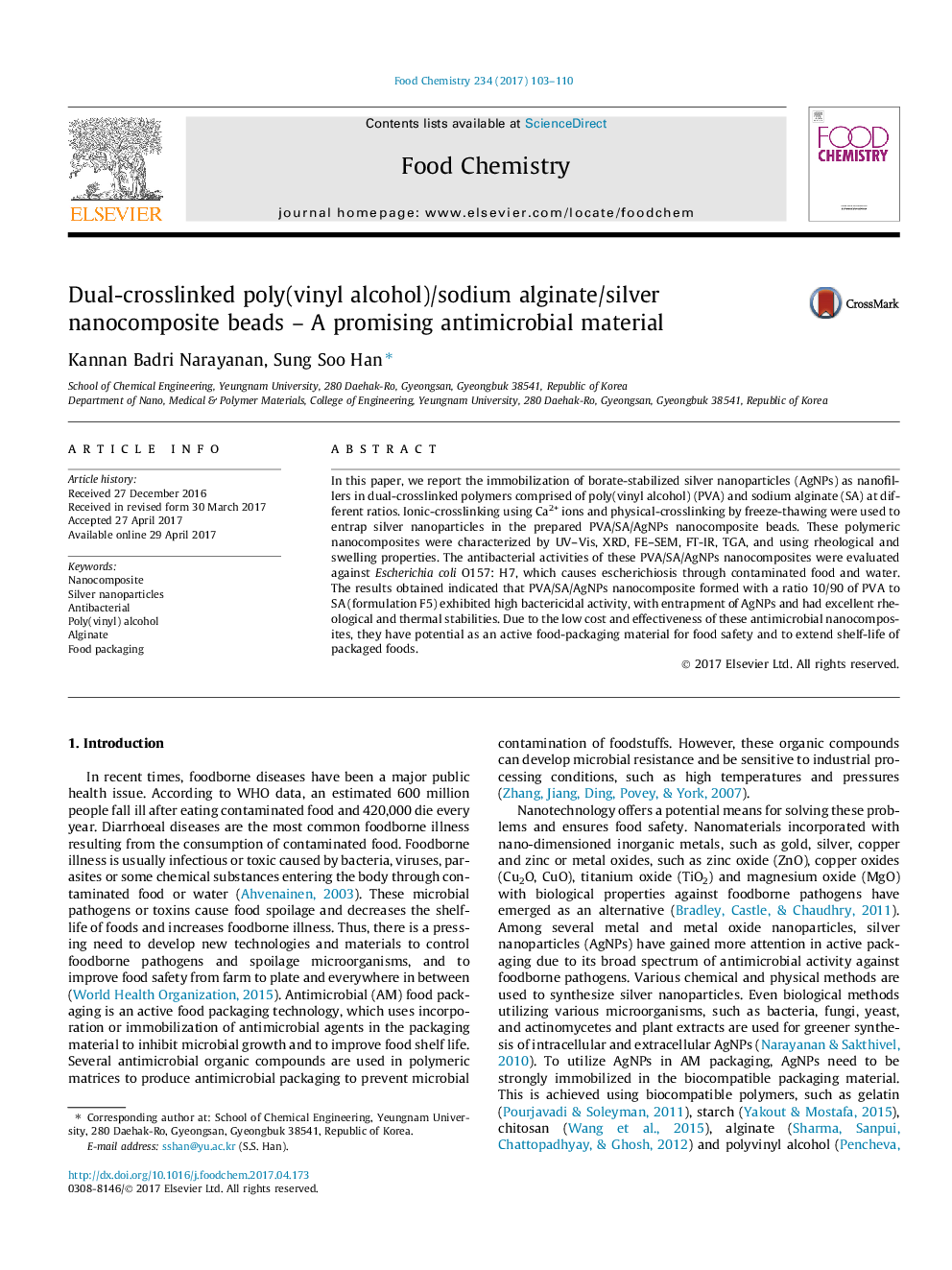 Dual-crosslinked poly(vinyl alcohol)/sodium alginate/silver nanocomposite beads - A promising antimicrobial material