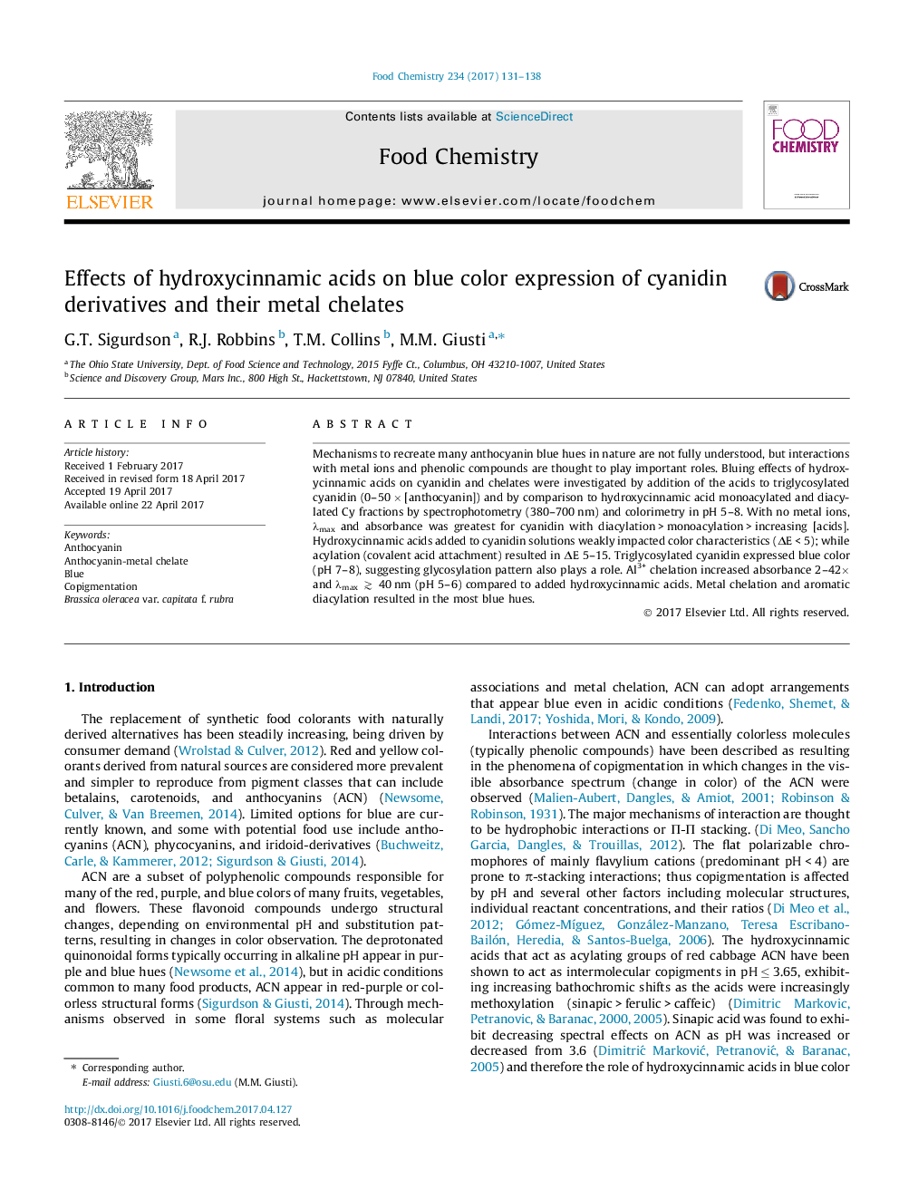 Effects of hydroxycinnamic acids on blue color expression of cyanidin derivatives and their metal chelates