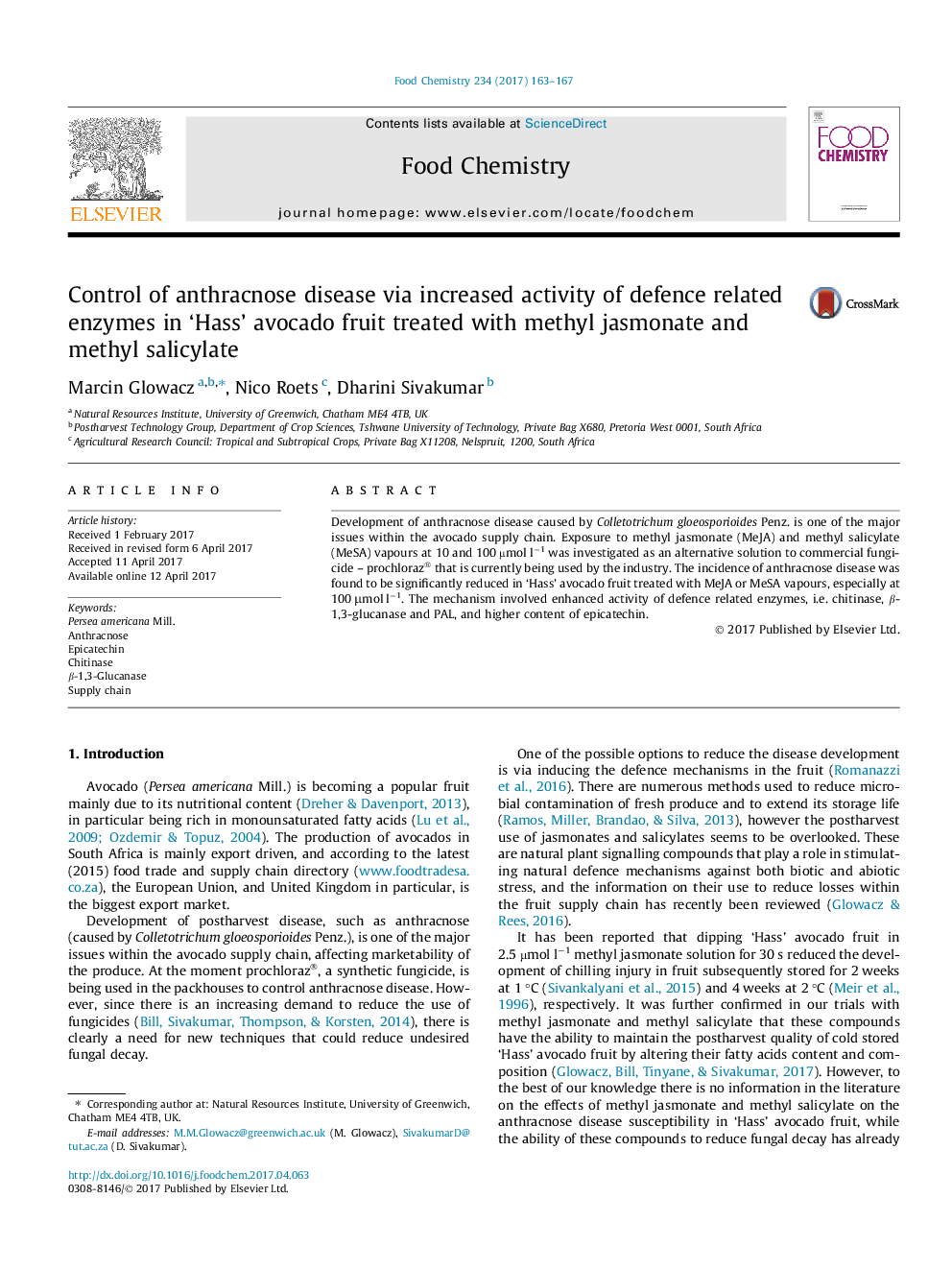 عکس صفحه اول مقاله: Control of anthracnose disease via increased activity of defence related enzymes in 'Hass' avocado fruit treated with methyl jasmonate and methyl salicylate Control of anthracnose disease via increased activity of defence related enzymes in 'Hass' avocado fruit treated with methyl jasmonate and methyl salicylate