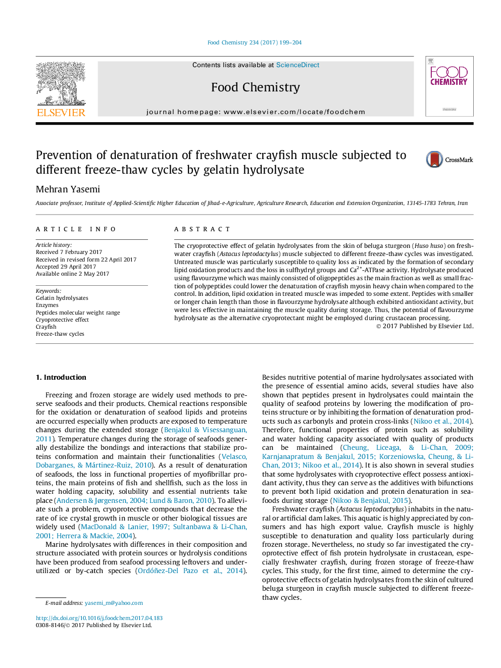 Prevention of denaturation of freshwater crayfish muscle subjected to different freeze-thaw cycles by gelatin hydrolysate