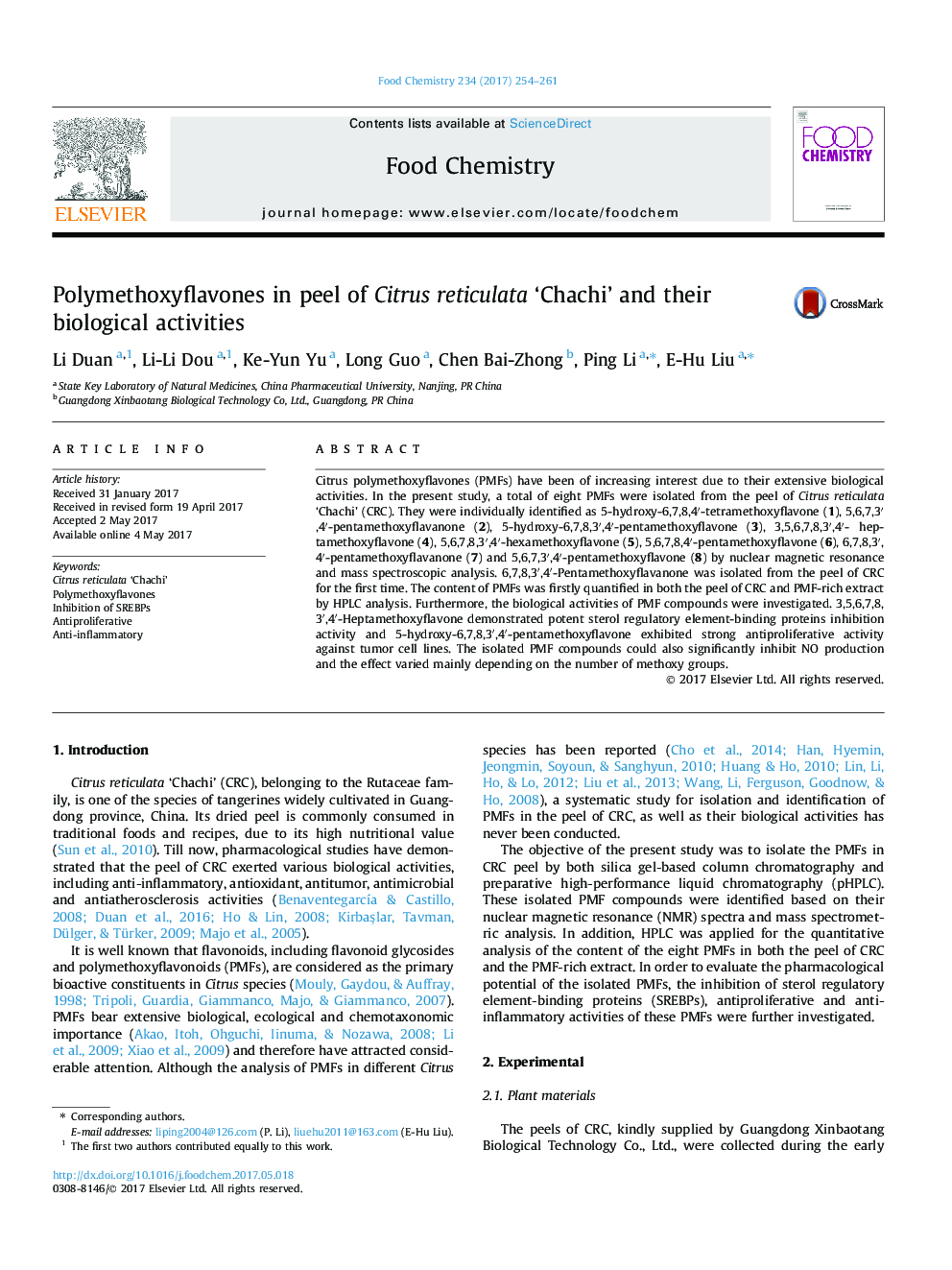 Polymethoxyflavones in peel of Citrus reticulata 'Chachi' and their biological activities