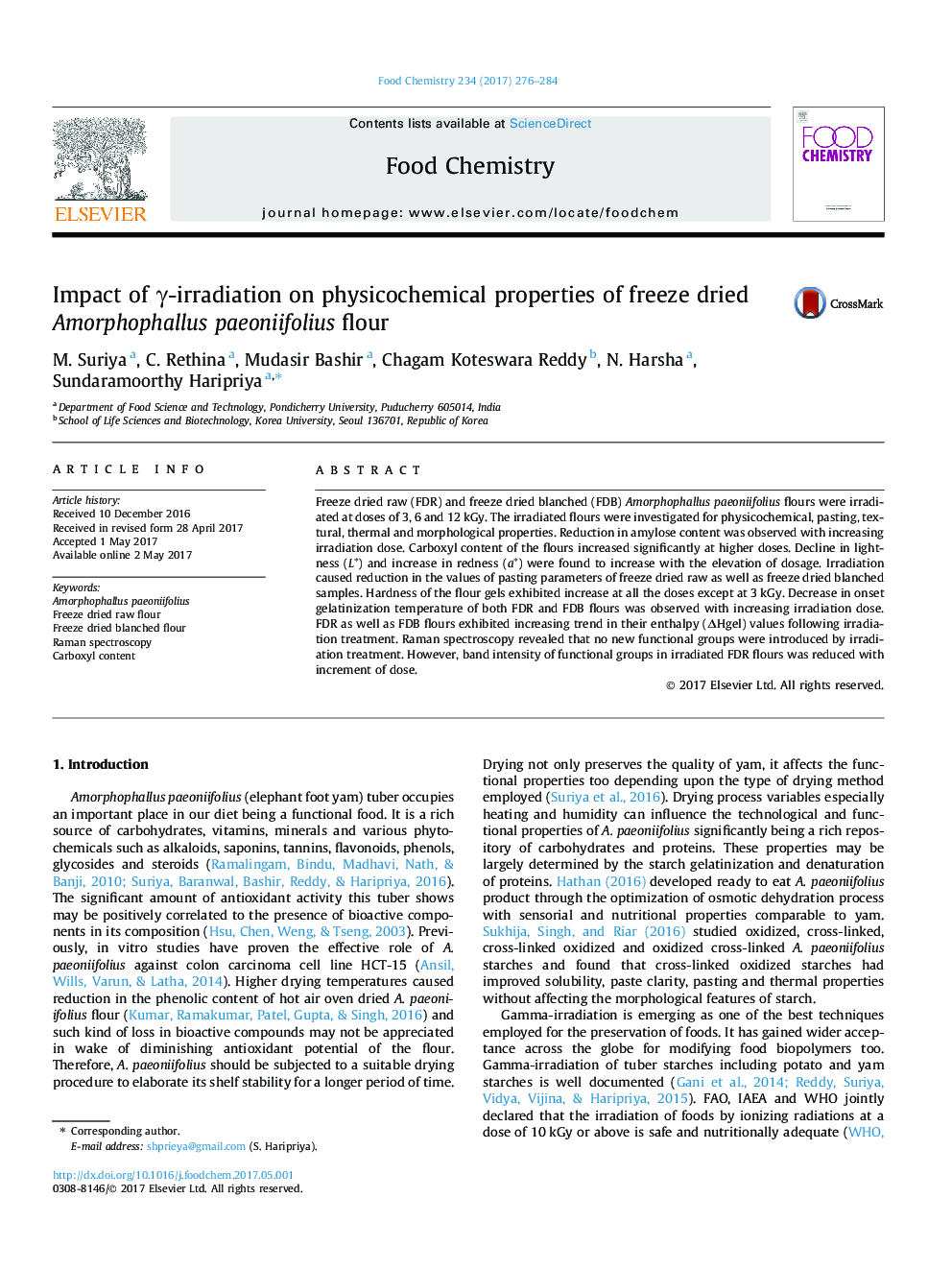 عکس صفحه اول مقاله: Impact of γ-irradiation on physicochemical properties of freeze dried Amorphophallus paeoniifolius flour Impact of γ-irradiation on physicochemical properties of freeze dried Amorphophallus paeoniifolius flour