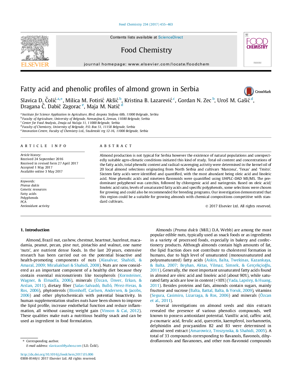 Fatty acid and phenolic profiles of almond grown in Serbia