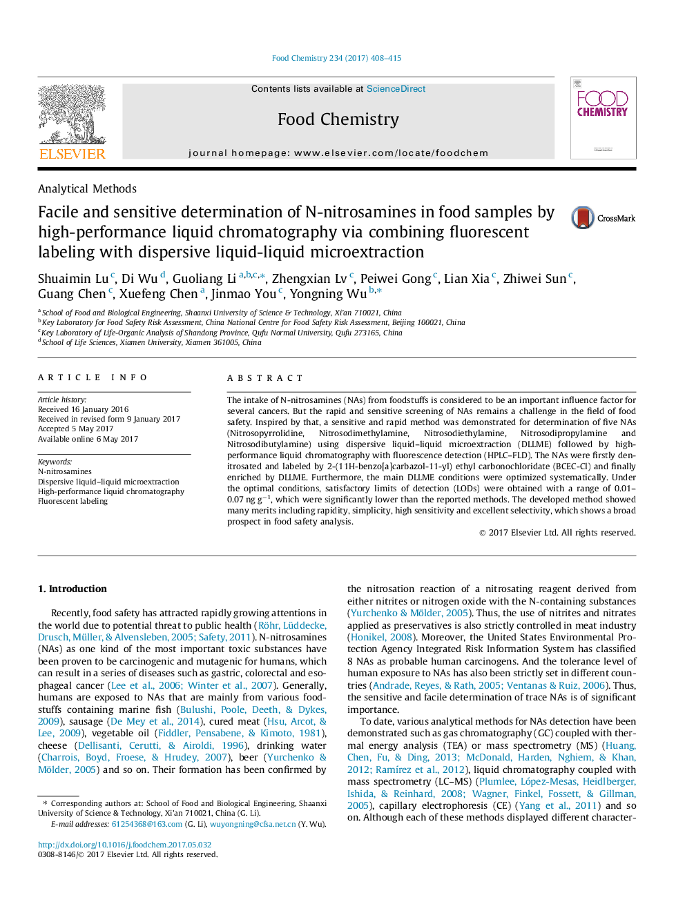 Facile and sensitive determination of N-nitrosamines in food samples by high-performance liquid chromatography via combining fluorescent labeling with dispersive liquid-liquid microextraction