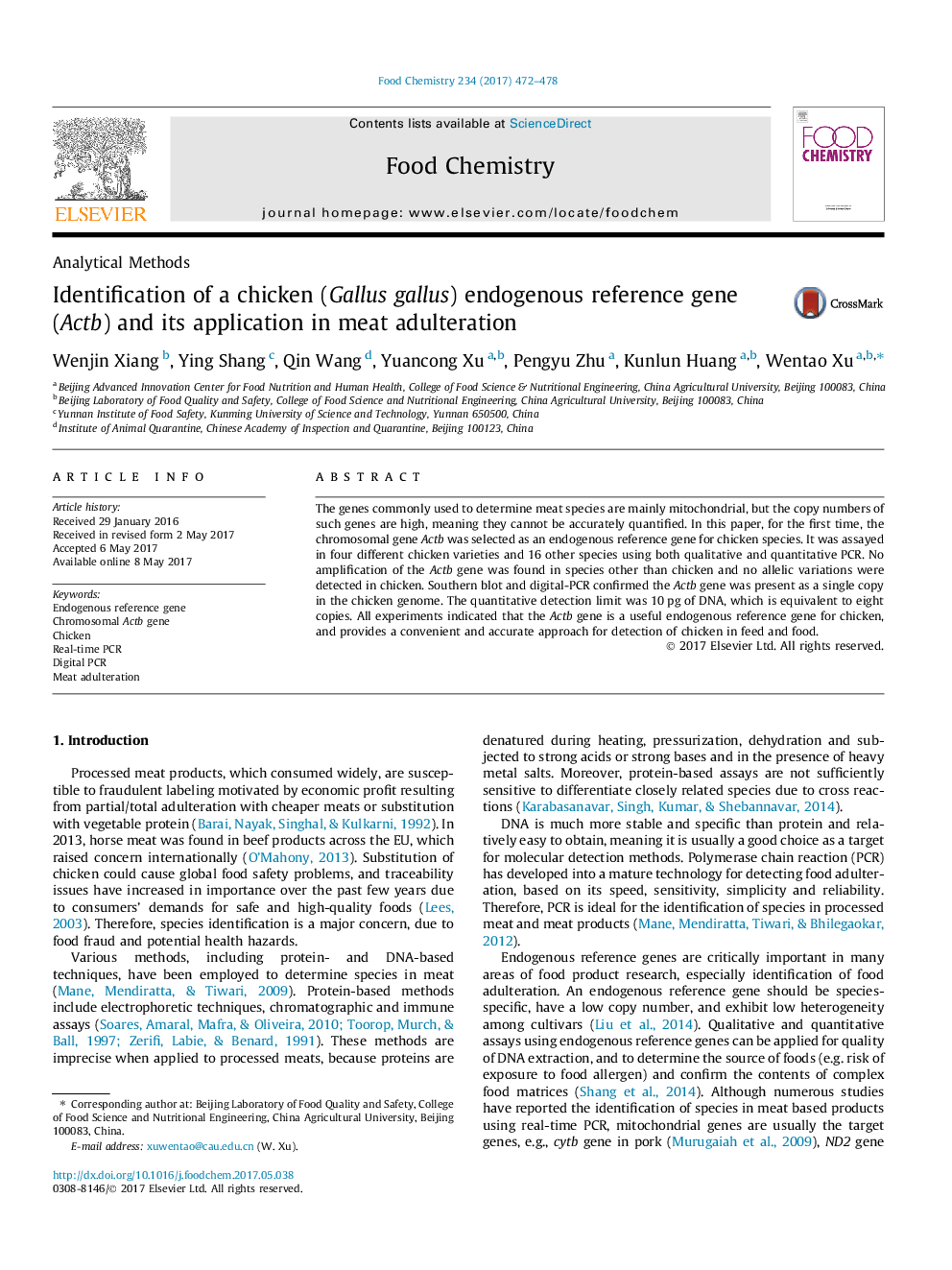 Identification of a chicken (Gallus gallus) endogenous reference gene (Actb) and its application in meat adulteration