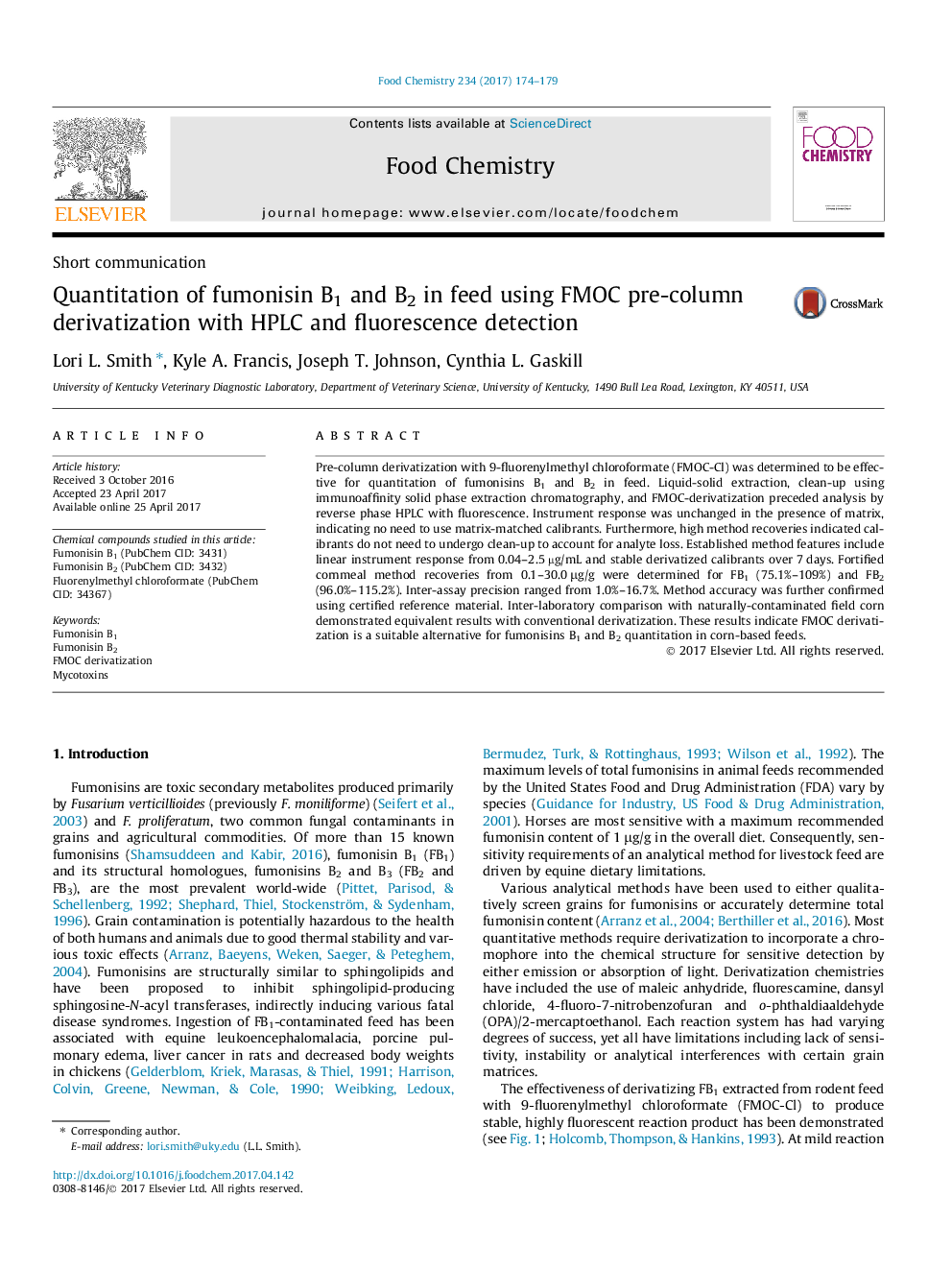 Quantitation of fumonisin B1 and B2 in feed using FMOC pre-column derivatization with HPLC and fluorescence detection