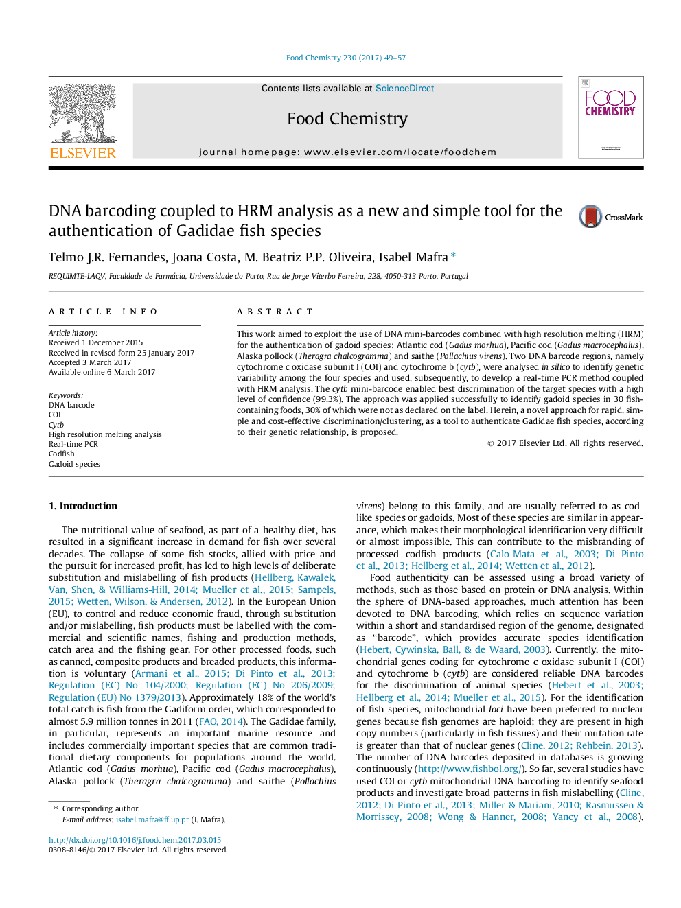 DNA barcoding coupled to HRM analysis as a new and simple tool for the authentication of Gadidae fish species