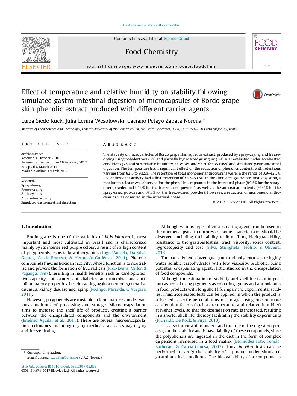 Effect of temperature and relative humidity on stability following simulated gastro-intestinal digestion of microcapsules of Bordo grape skin phenolic extract produced with different carrier agents