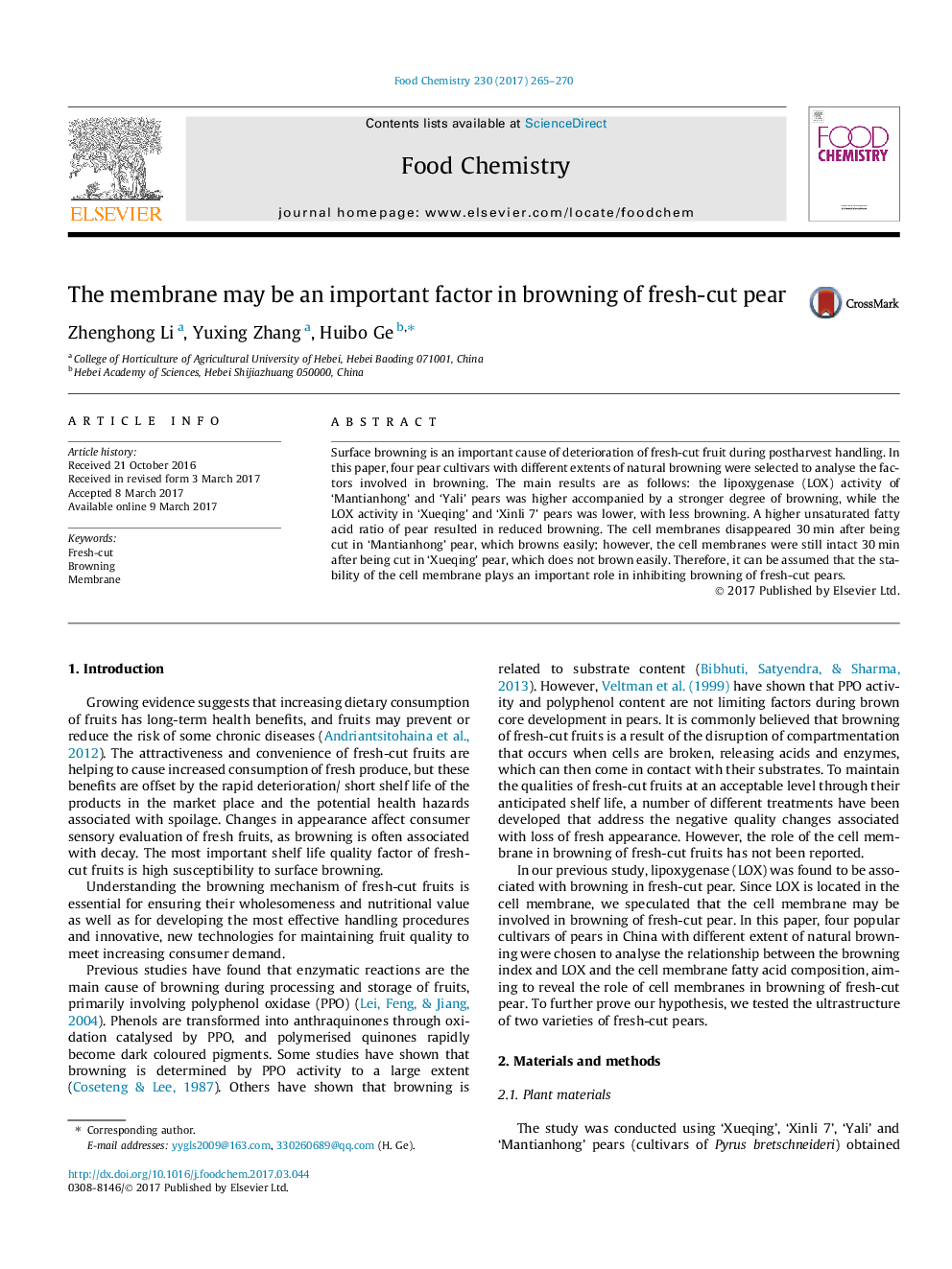 The membrane may be an important factor in browning of fresh-cut pear