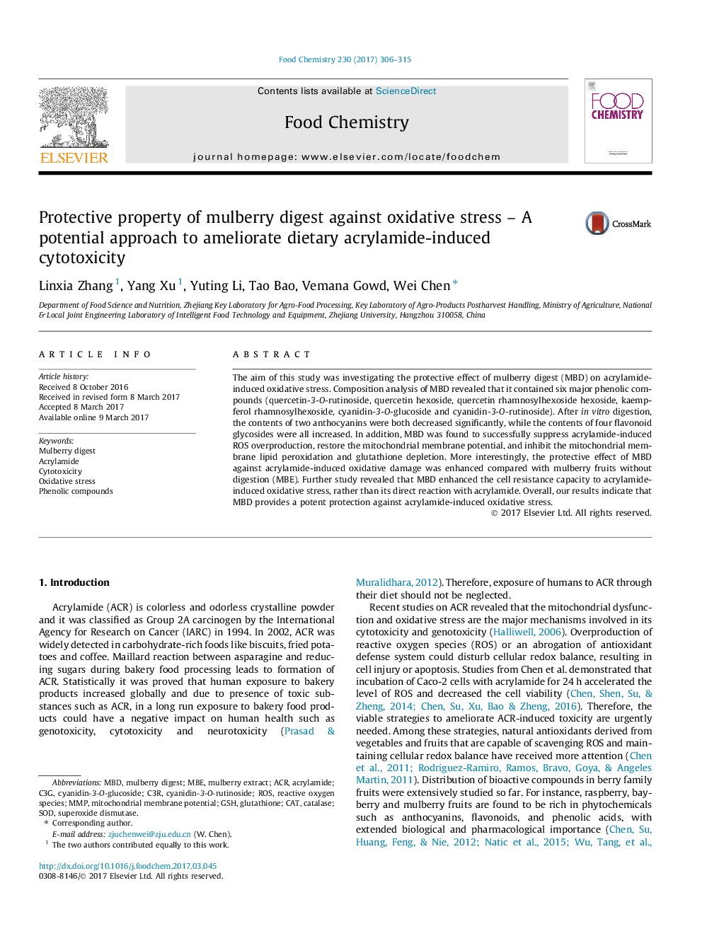 Protective property of mulberry digest against oxidative stress - A potential approach to ameliorate dietary acrylamide-induced cytotoxicity