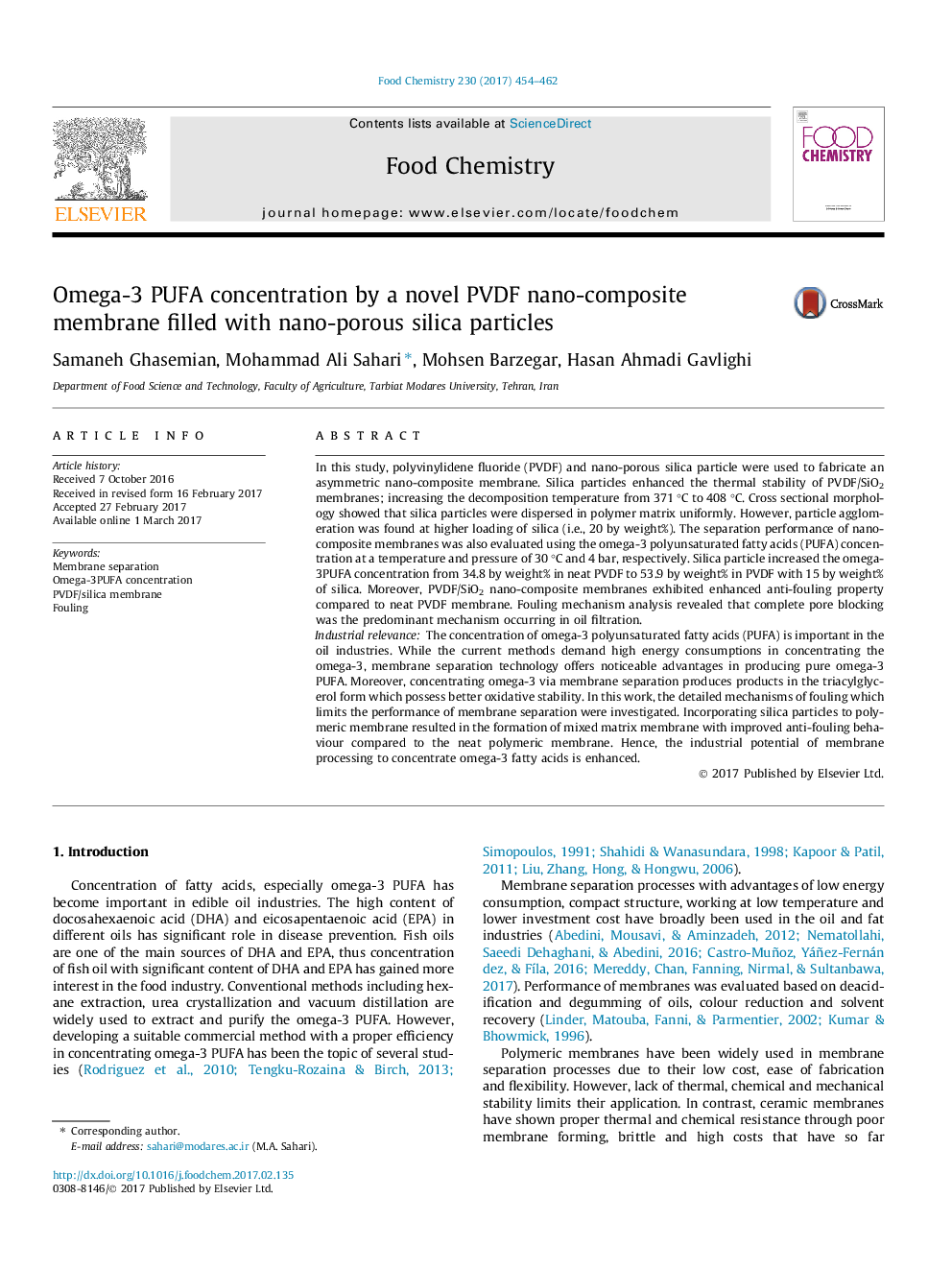 Omega-3 PUFA concentration by a novel PVDF nano-composite membrane filled with nano-porous silica particles