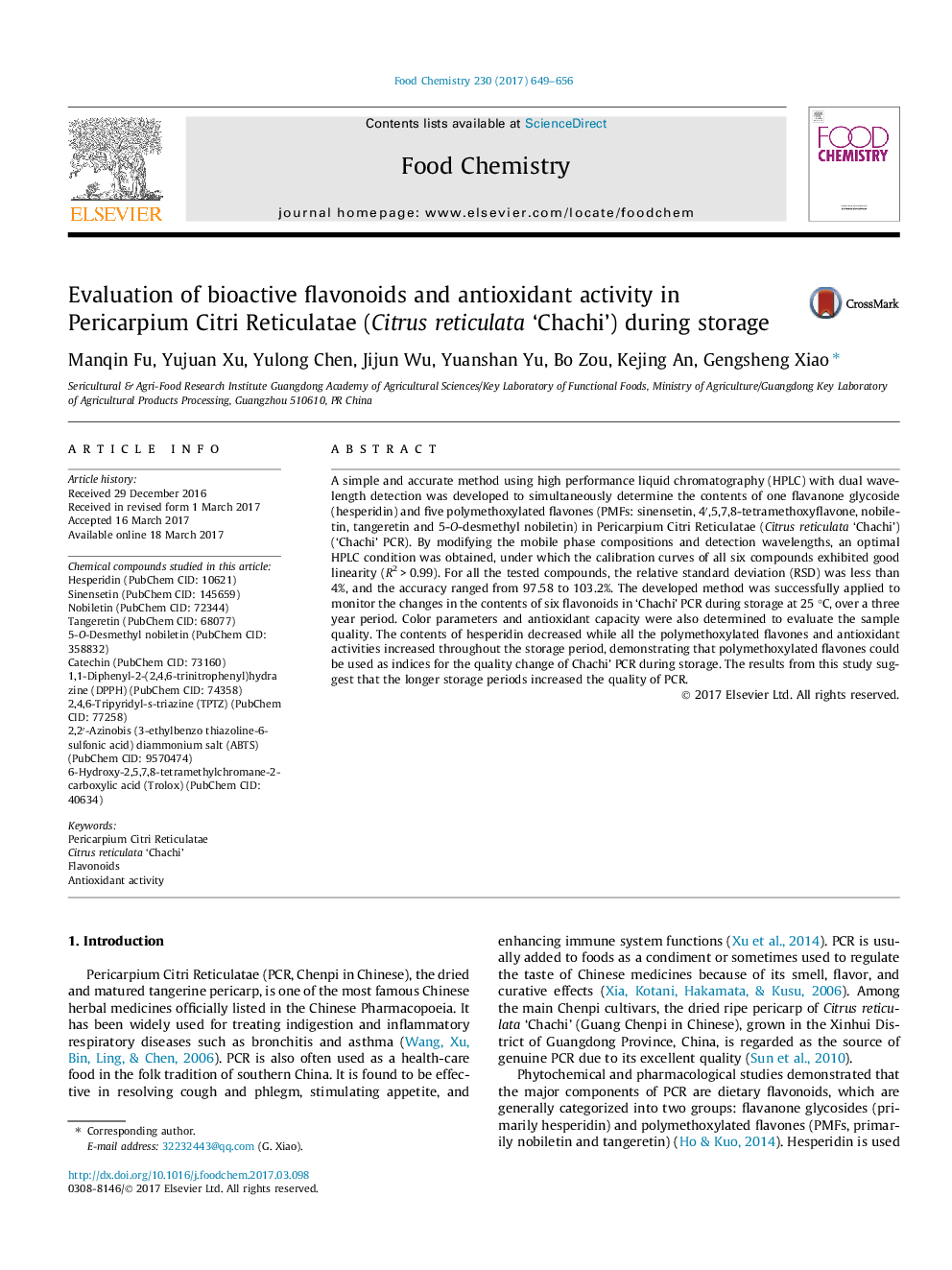 Evaluation of bioactive flavonoids and antioxidant activity in Pericarpium Citri Reticulatae (Citrus reticulata 'Chachi') during storage