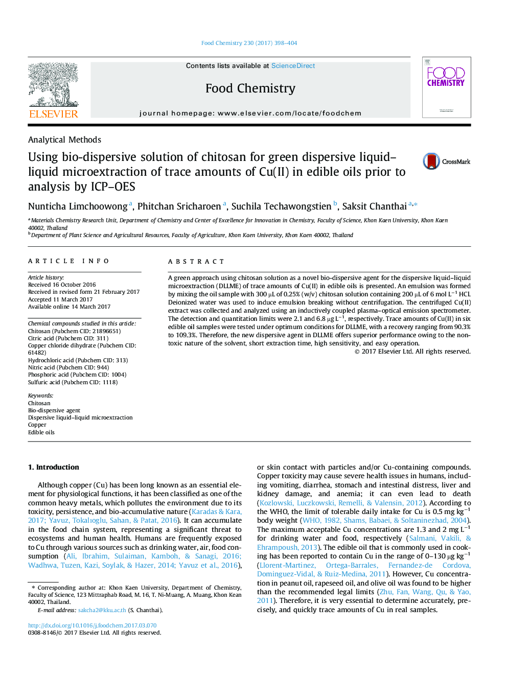 Using bio-dispersive solution of chitosan for green dispersive liquid-liquid microextraction of trace amounts of Cu(II) in edible oils prior to analysis by ICP-OES