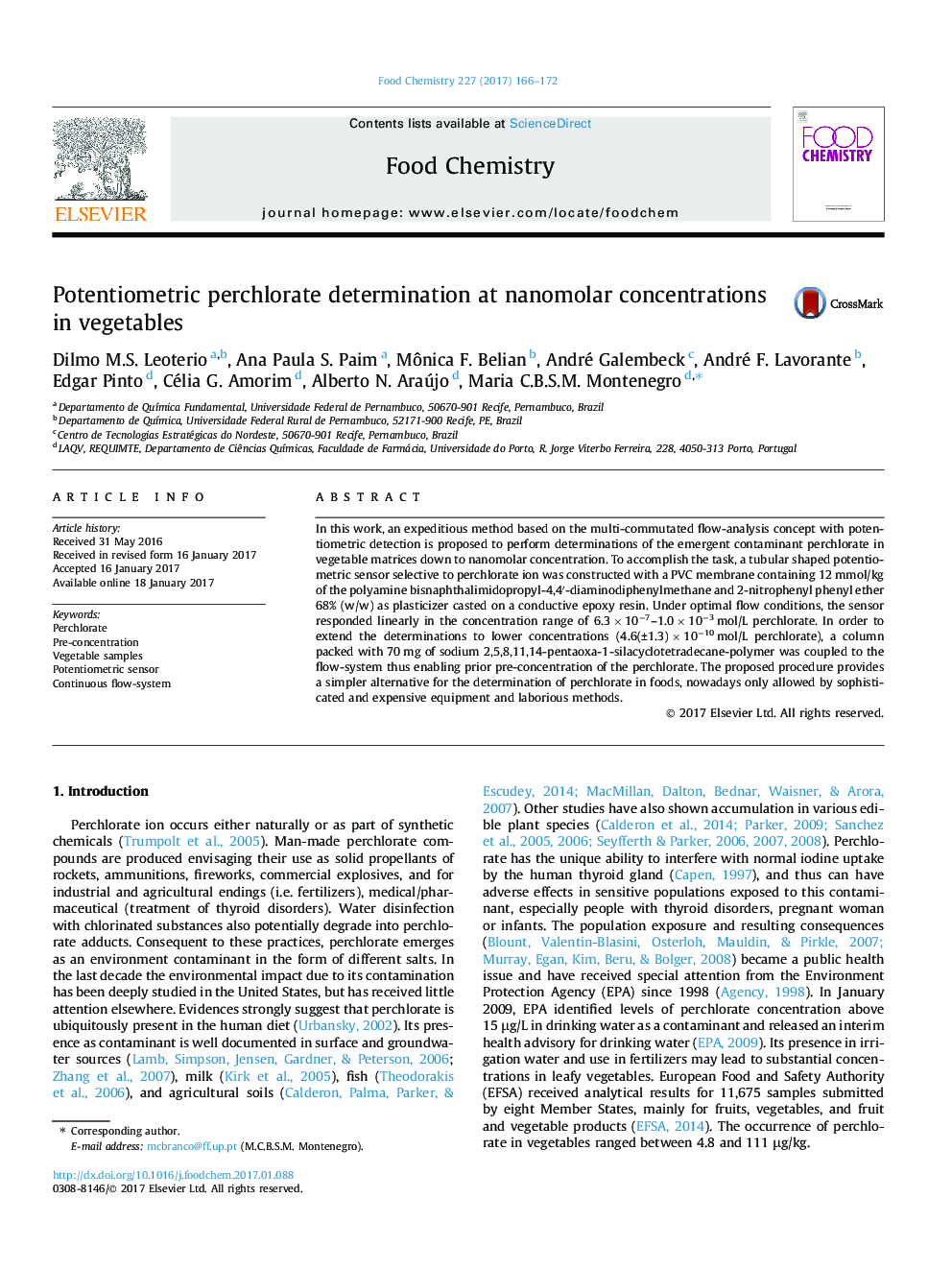 Potentiometric perchlorate determination at nanomolar concentrations in vegetables