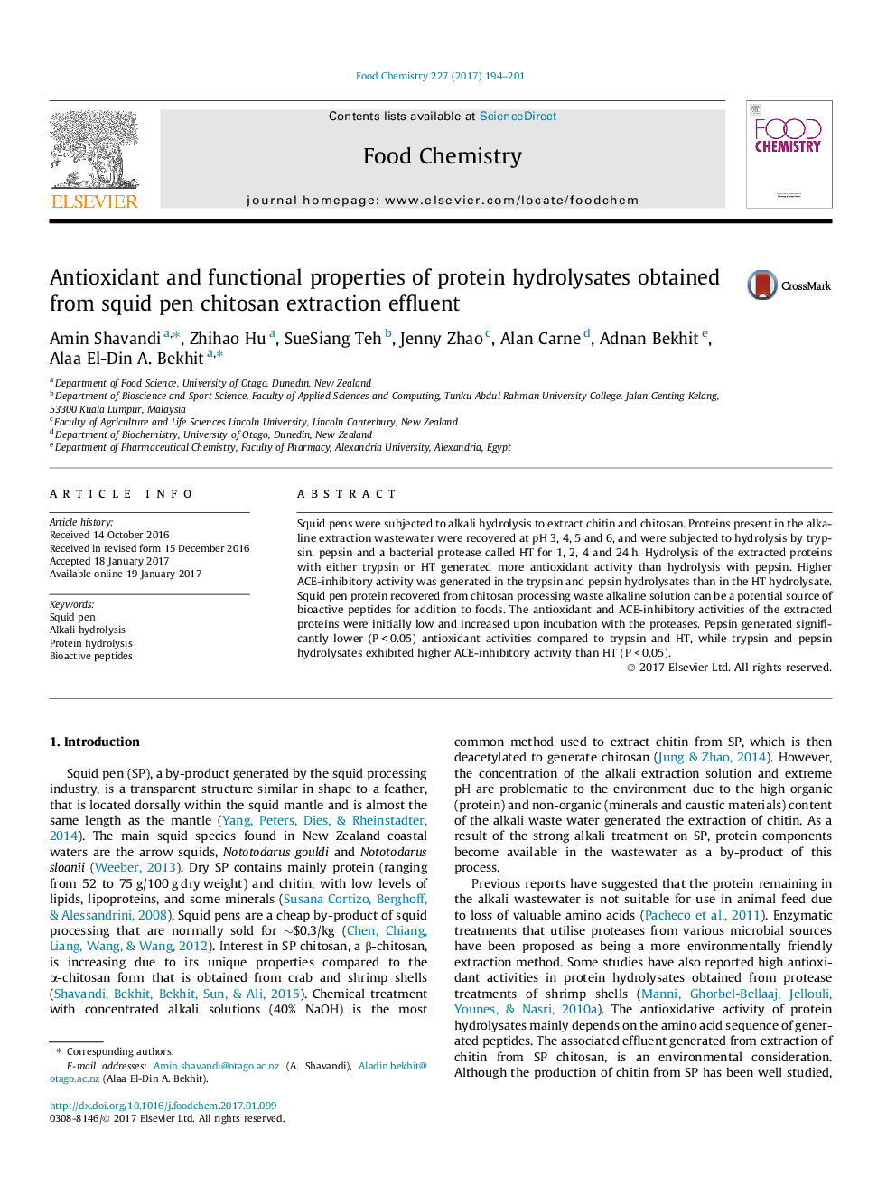 Antioxidant and functional properties of protein hydrolysates obtained from squid pen chitosan extraction effluent