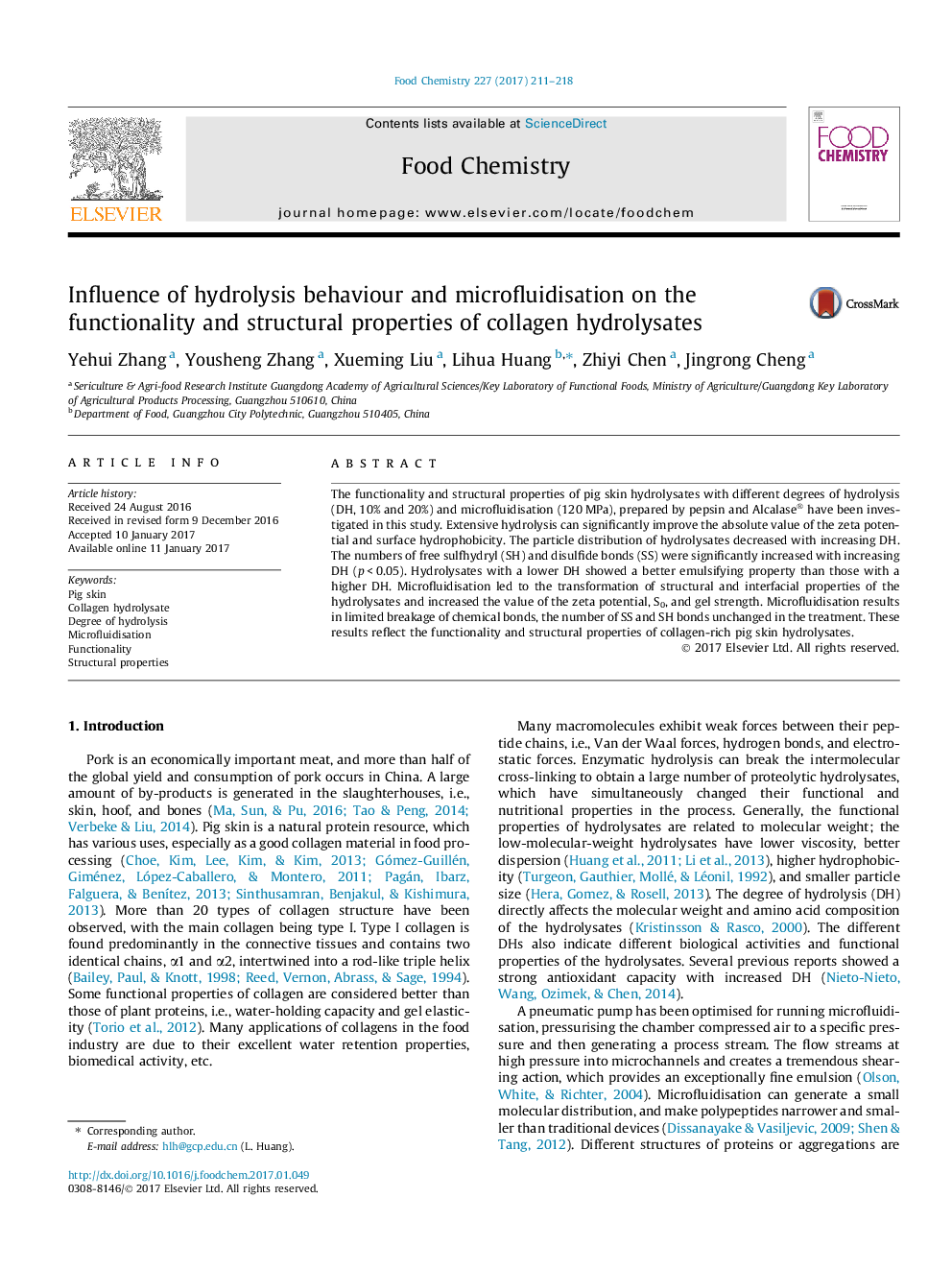 عکس صفحه اول مقاله: Influence of hydrolysis behaviour and microfluidisation on the functionality and structural properties of collagen hydrolysates Influence of hydrolysis behaviour and microfluidisation on the functionality and structural properties of collagen hydrolysates