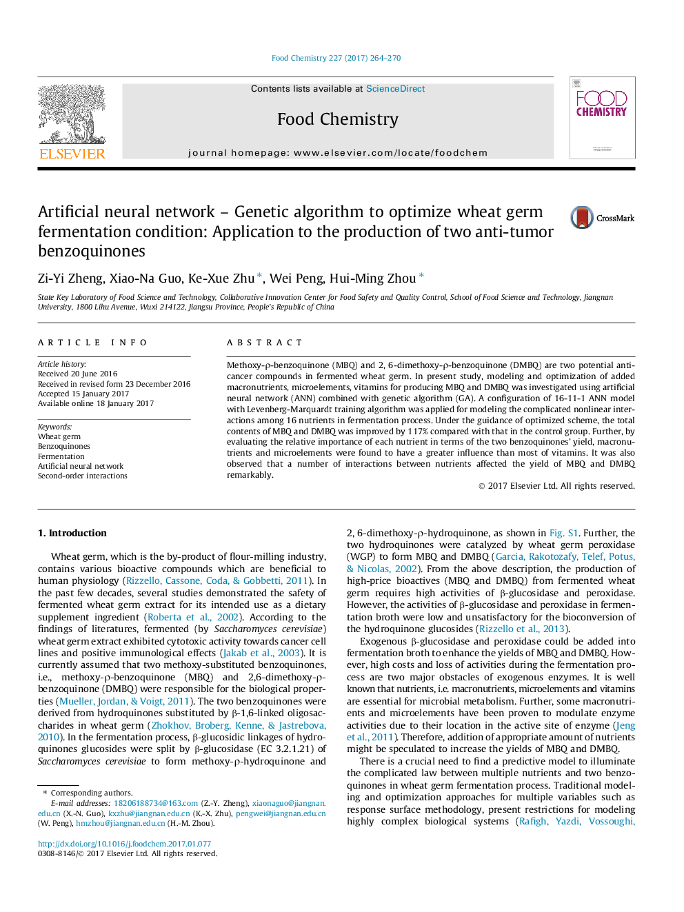 Artificial neural network - Genetic algorithm to optimize wheat germ fermentation condition: Application to the production of two anti-tumor benzoquinones