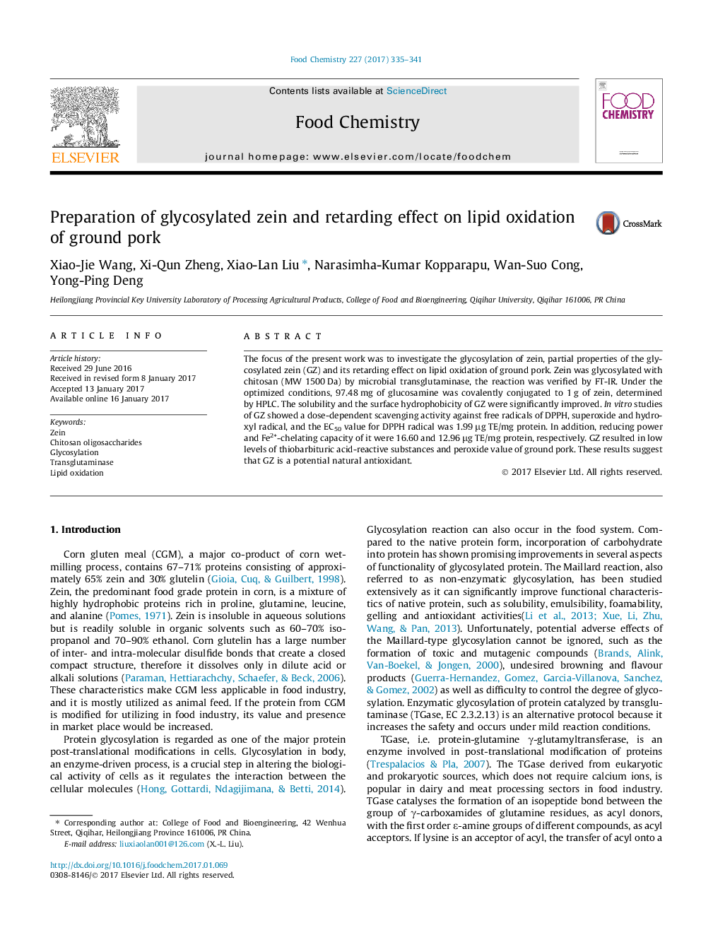 Preparation of glycosylated zein and retarding effect on lipid oxidation of ground pork