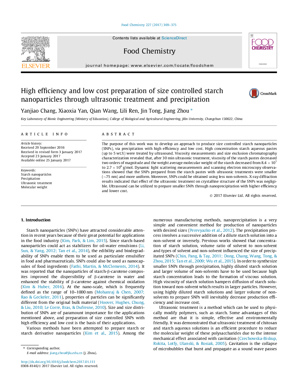 High efficiency and low cost preparation of size controlled starch nanoparticles through ultrasonic treatment and precipitation